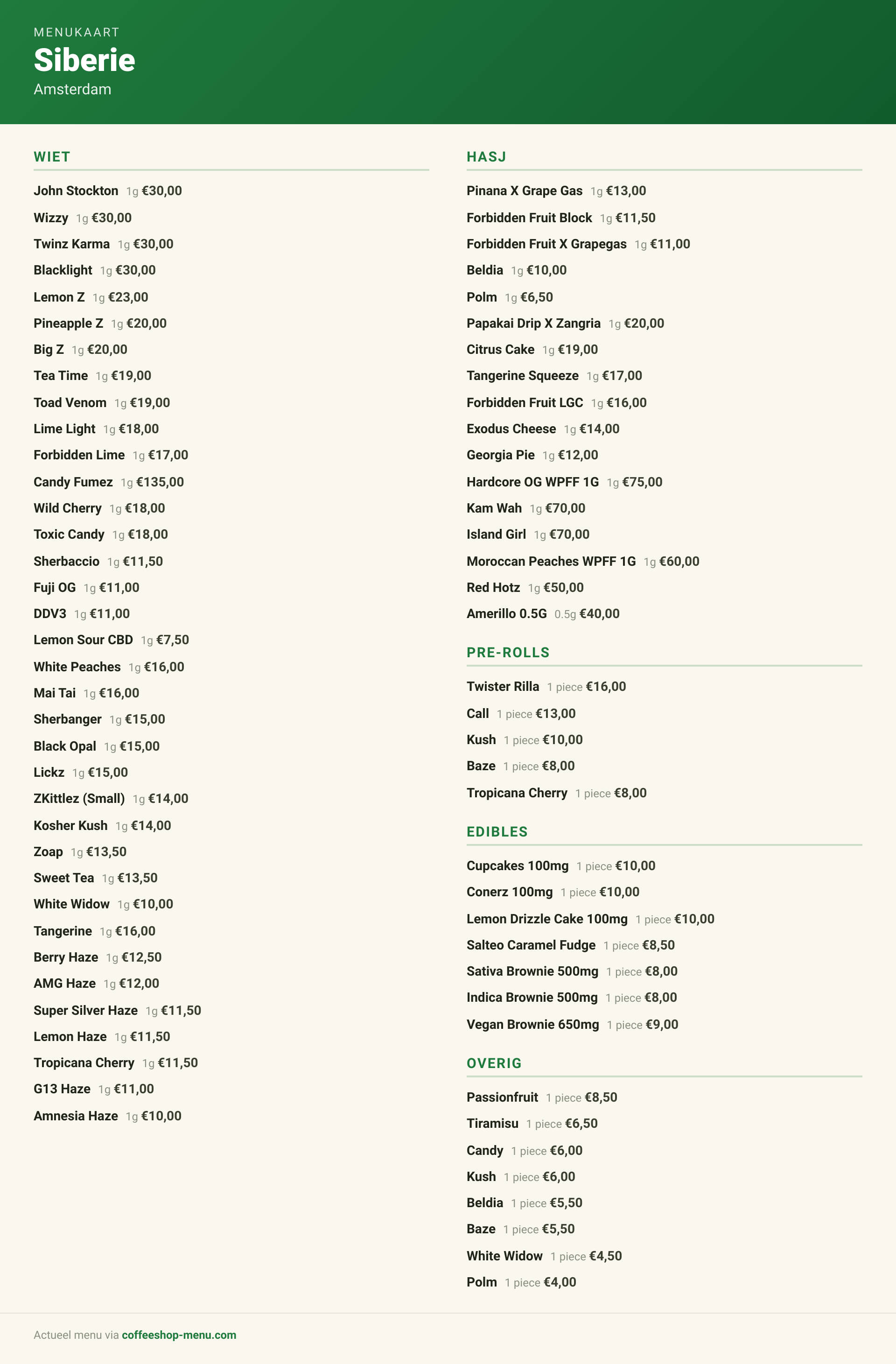 Menu bij Siberie