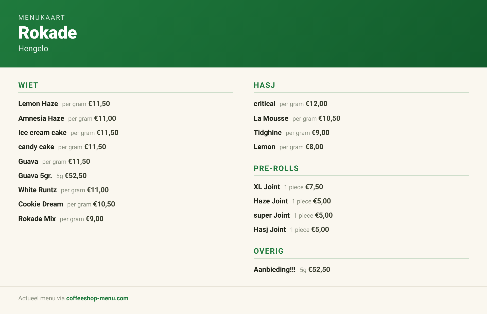 Menu bij Rokade
