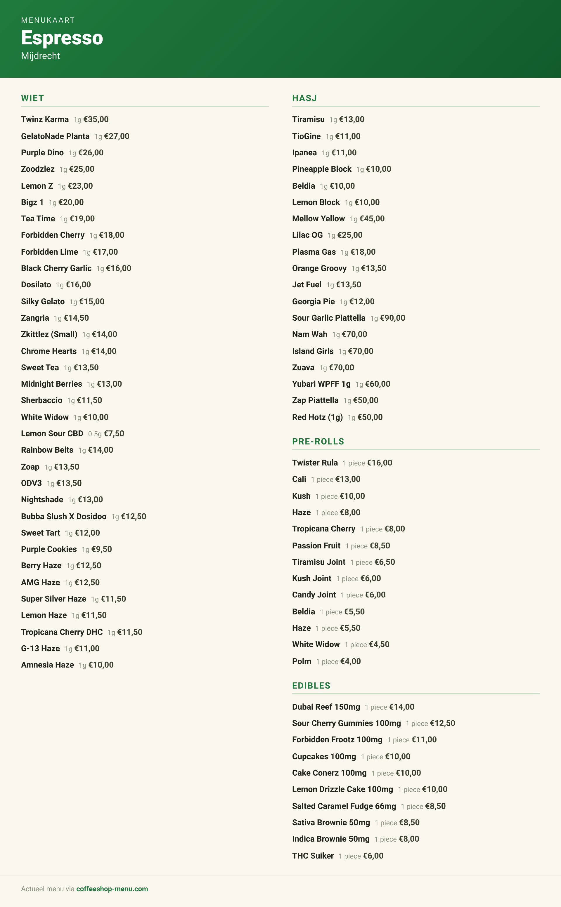 Menu bij Espresso