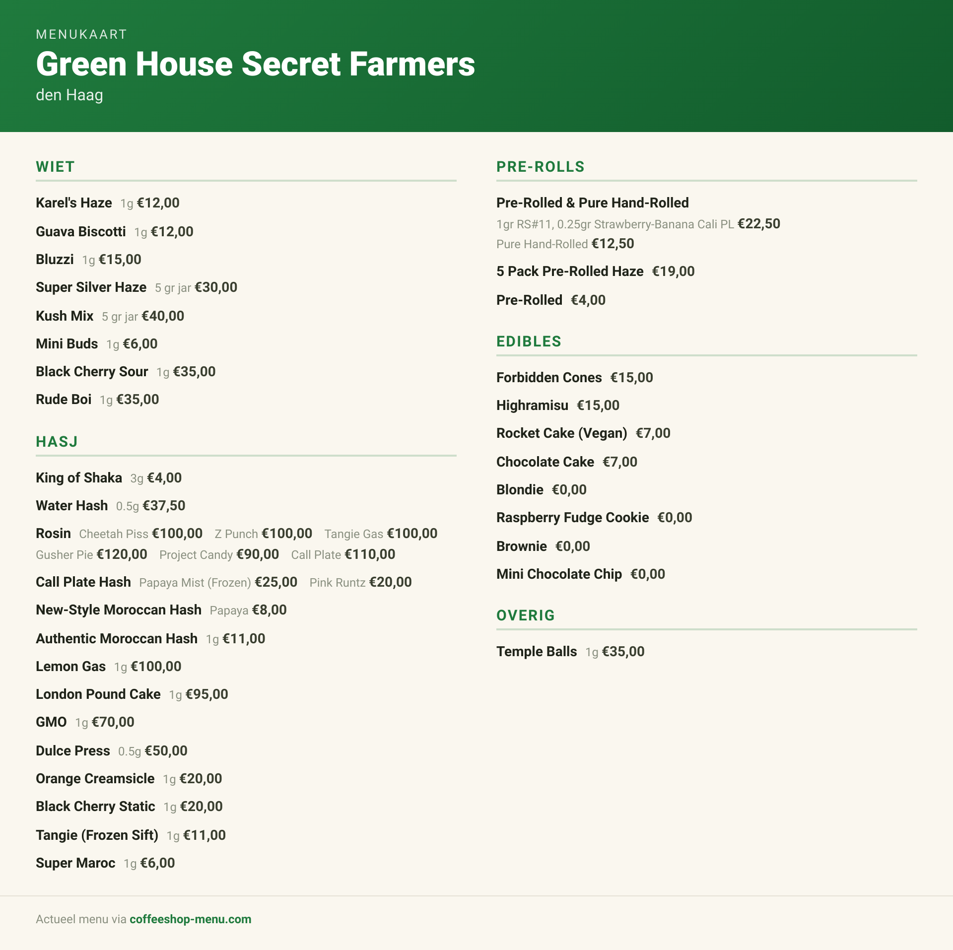 Menu bij Green House Secret Farmers