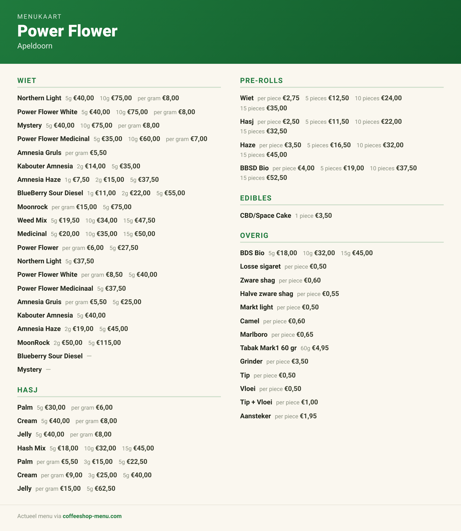 Menu bij Power Flower