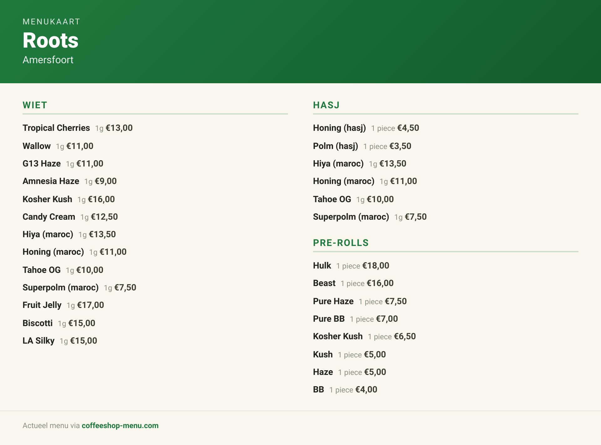 Menu bij Roots