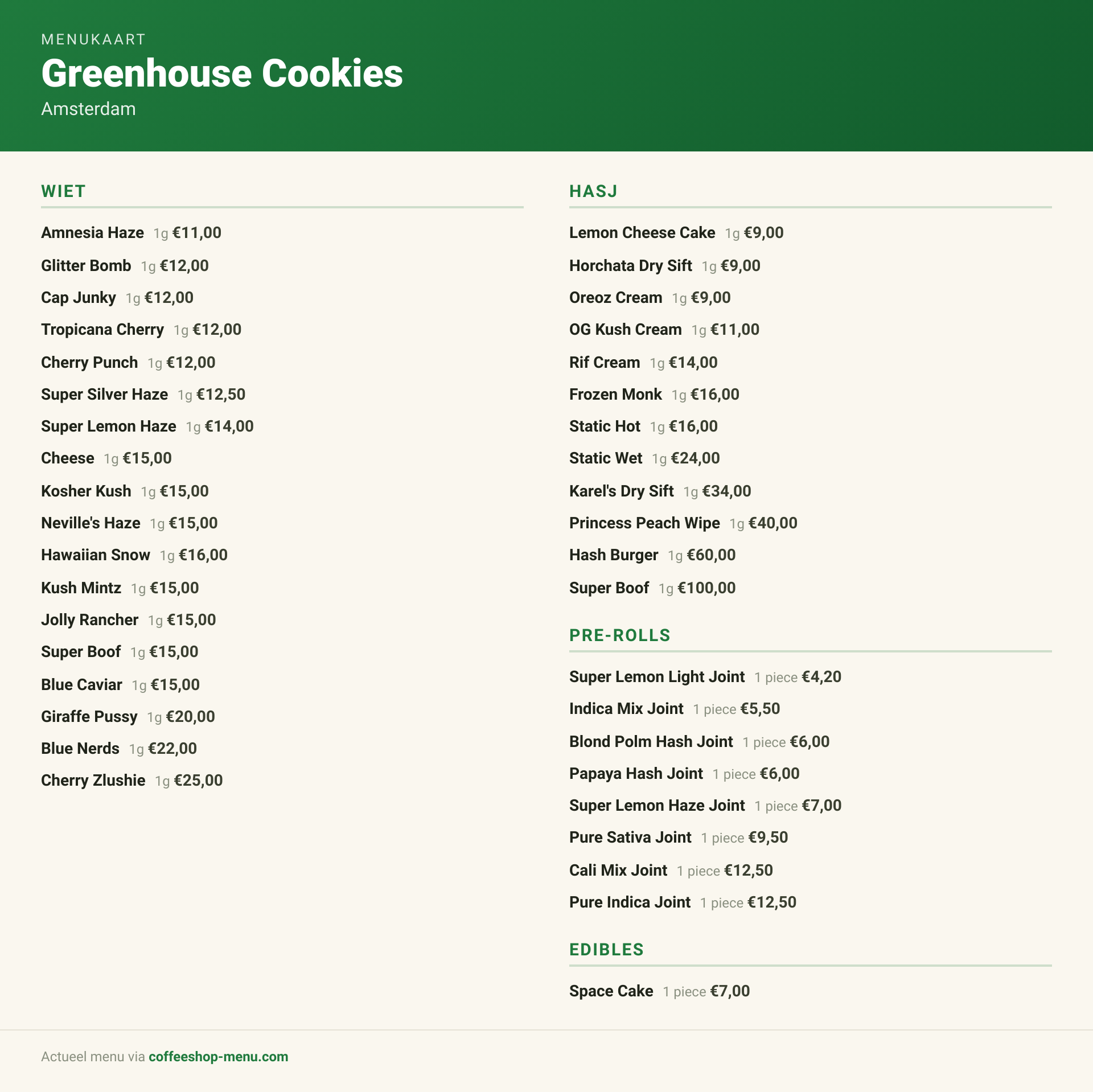 Menu bij Greenhouse Cookies