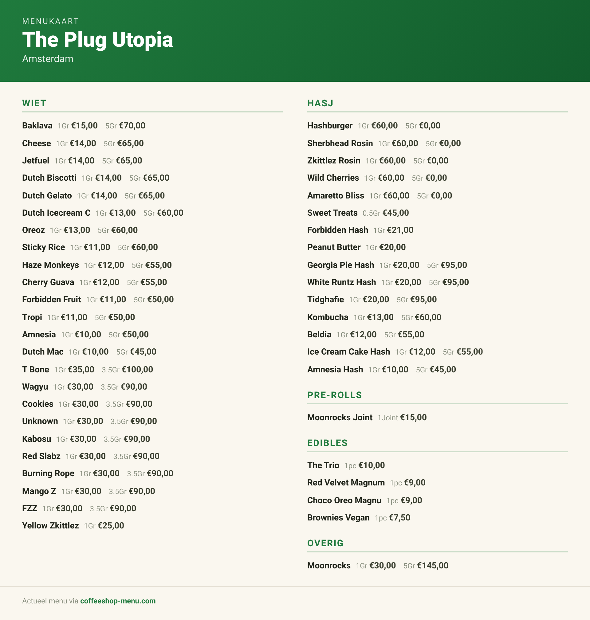 Menu bij The Plug Utopia
