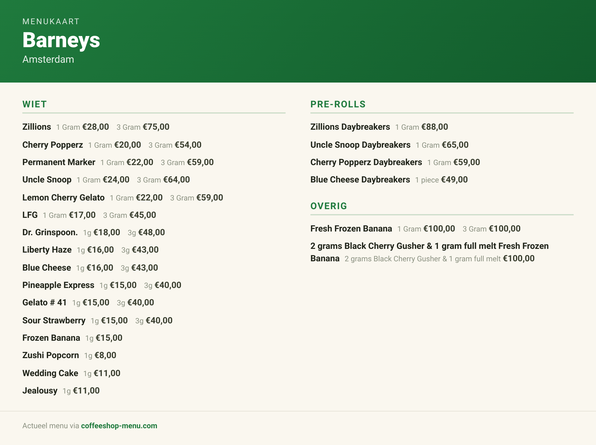 Menu bij Barneys