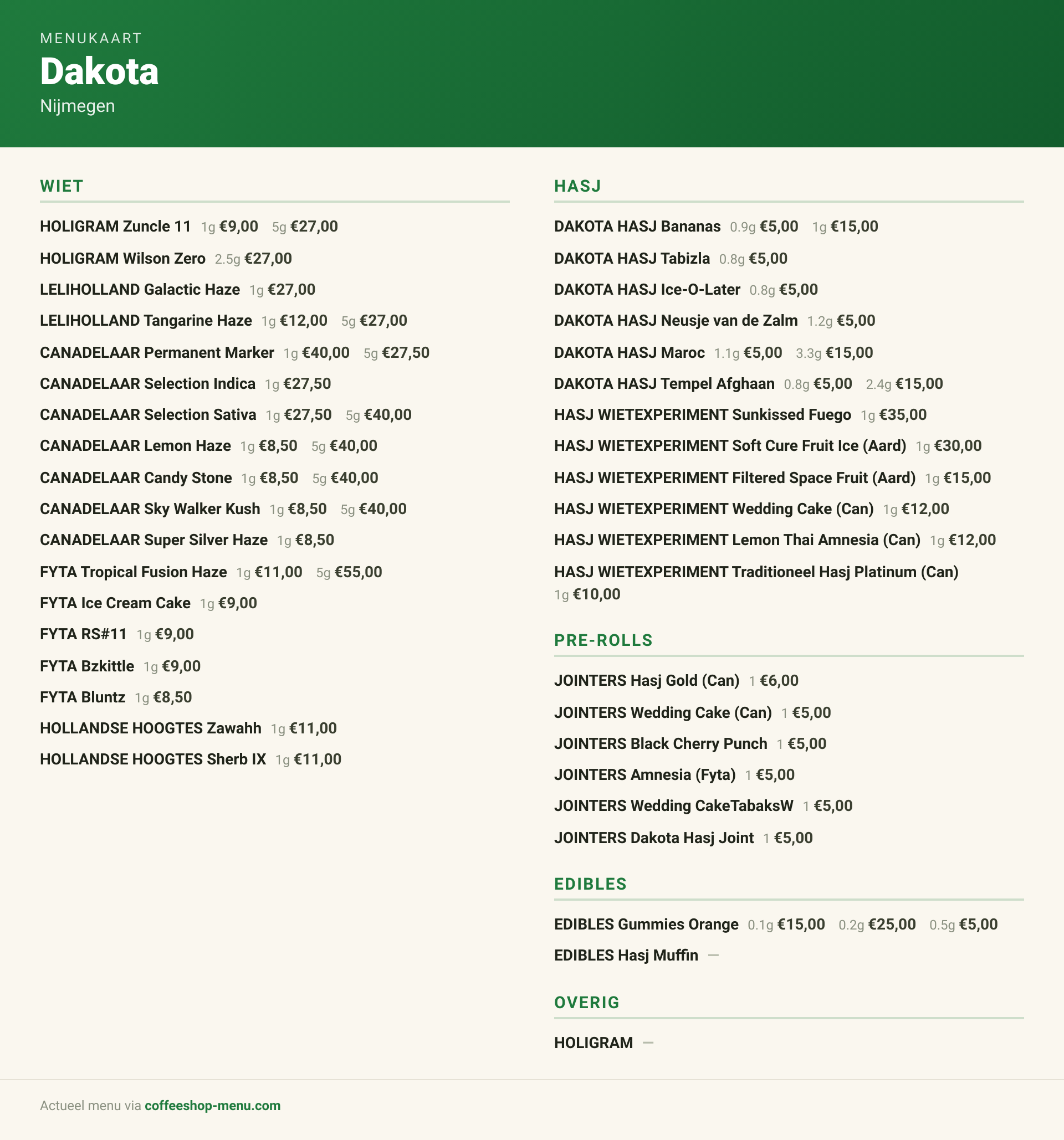 Menu bij Dakota