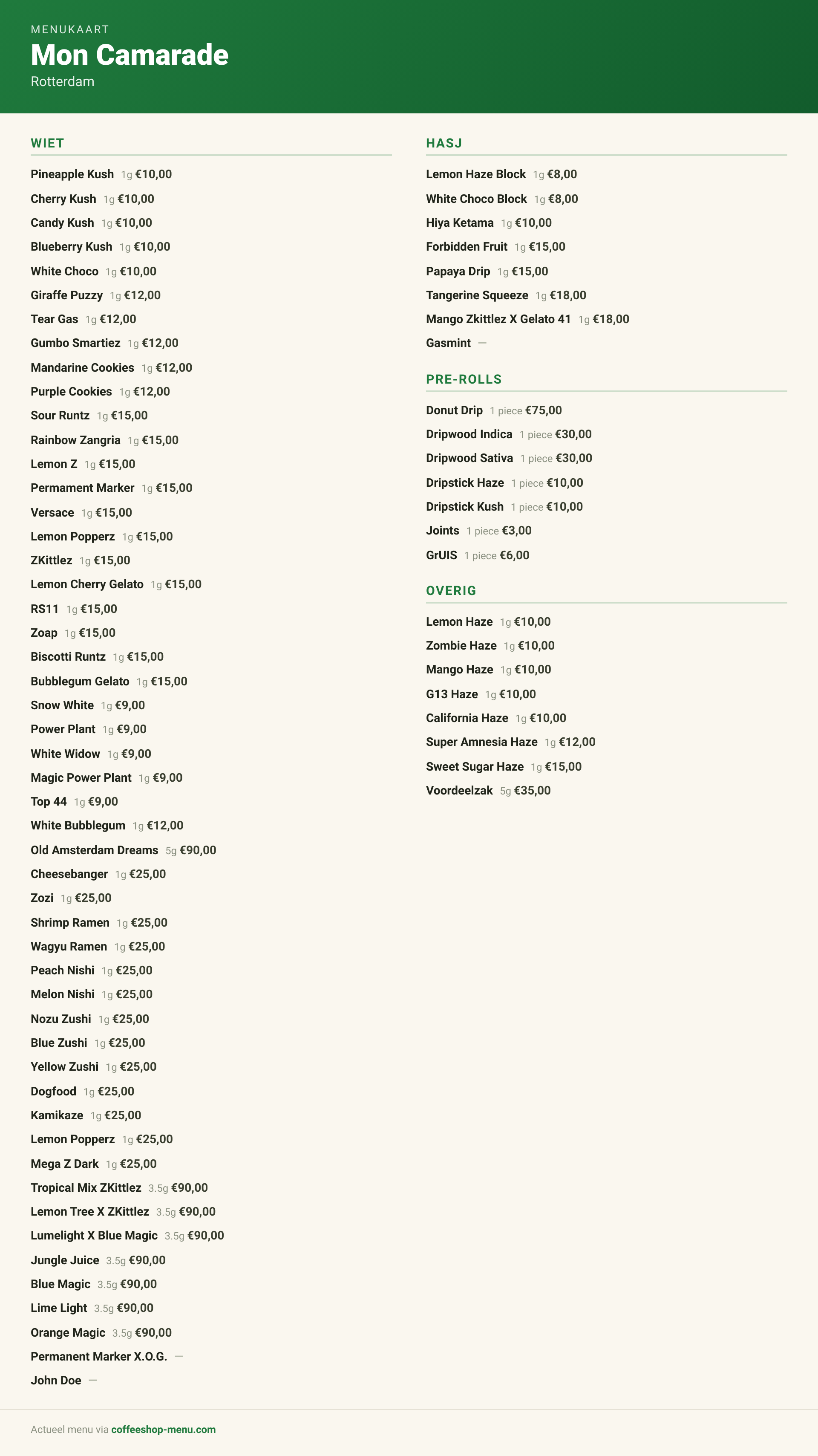 Menu bij Mon Camarade