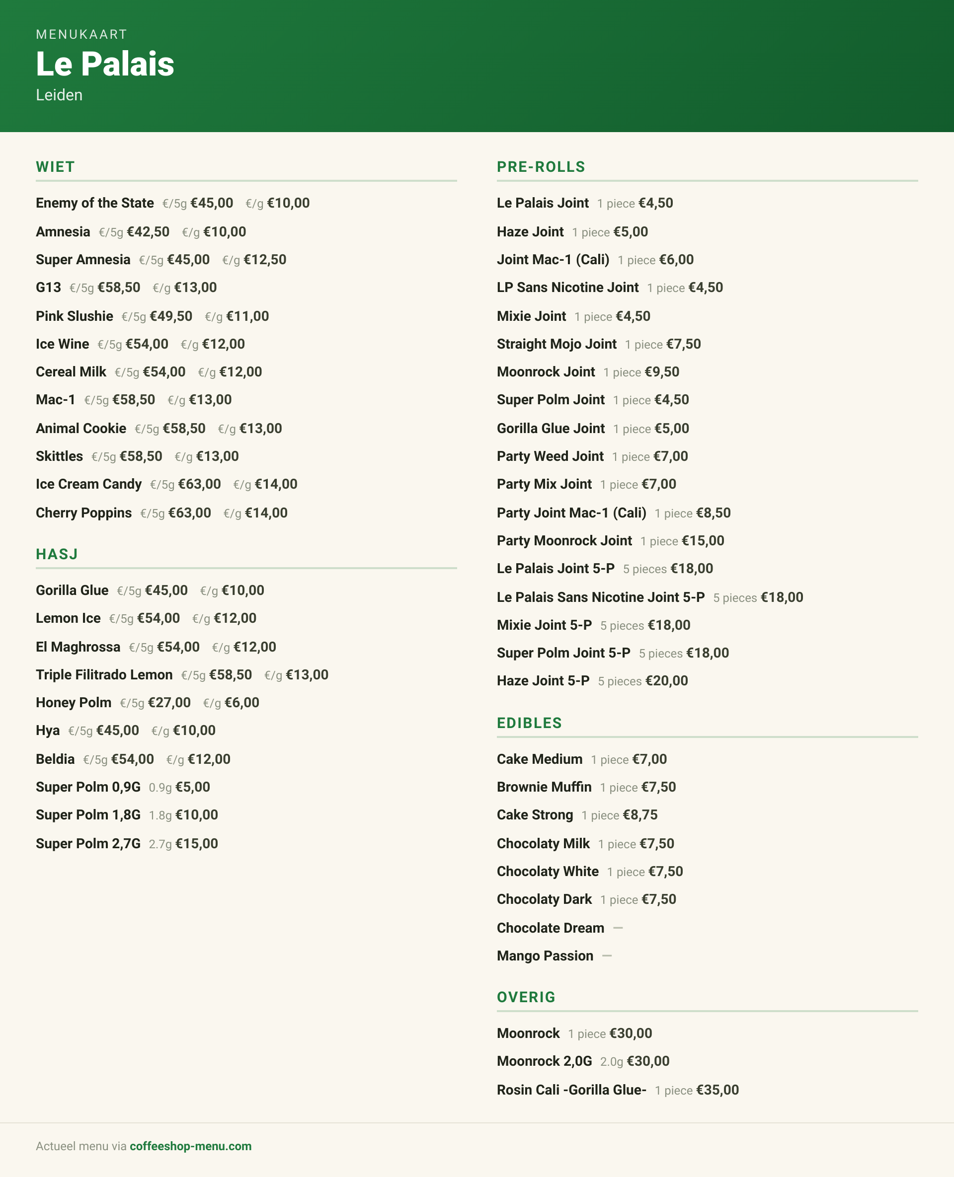 Menu bij Le Palais