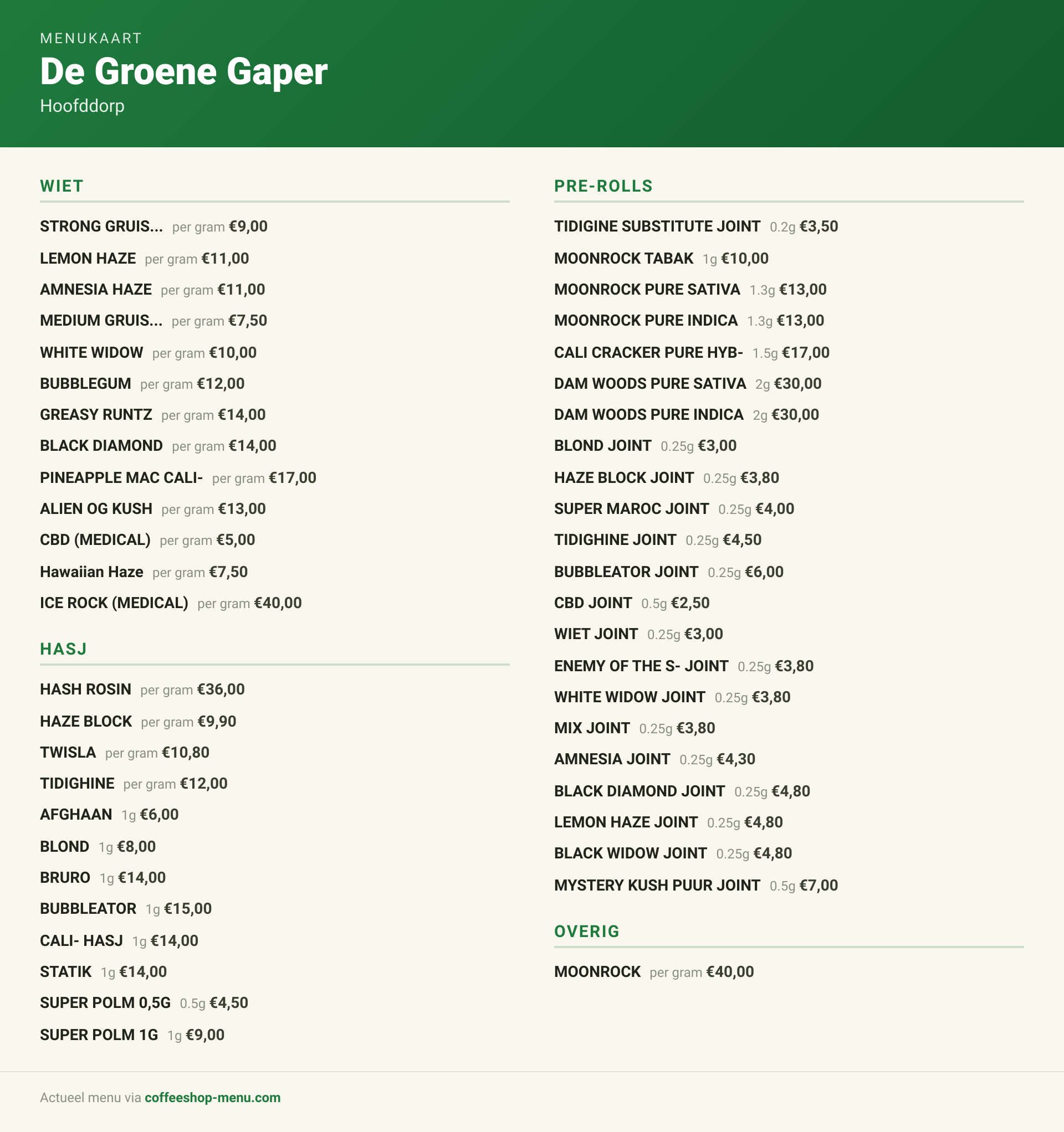 Menu bij De Groene Gaper