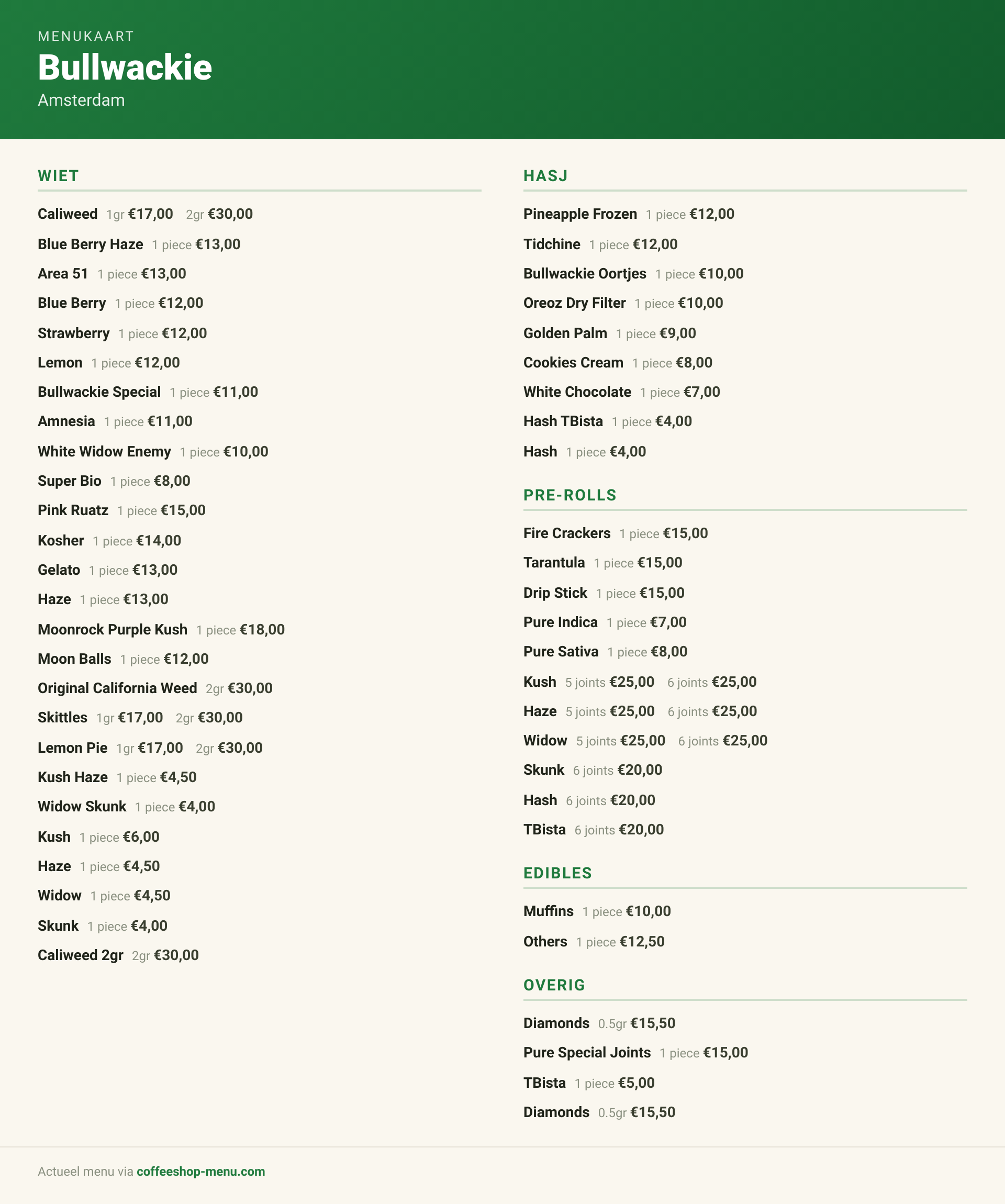 Menu bij Bullwackie