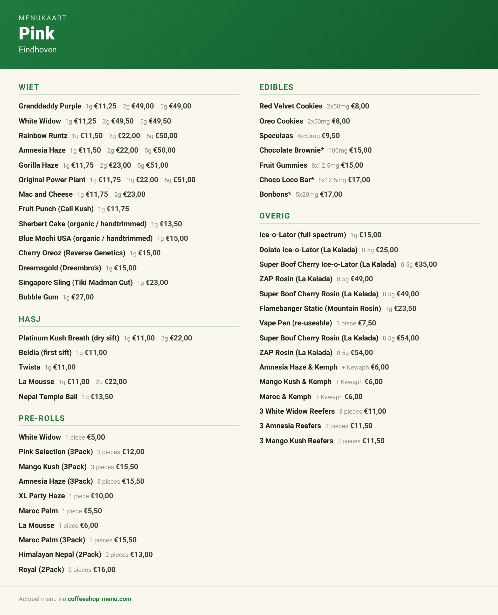 Menu bij Pink