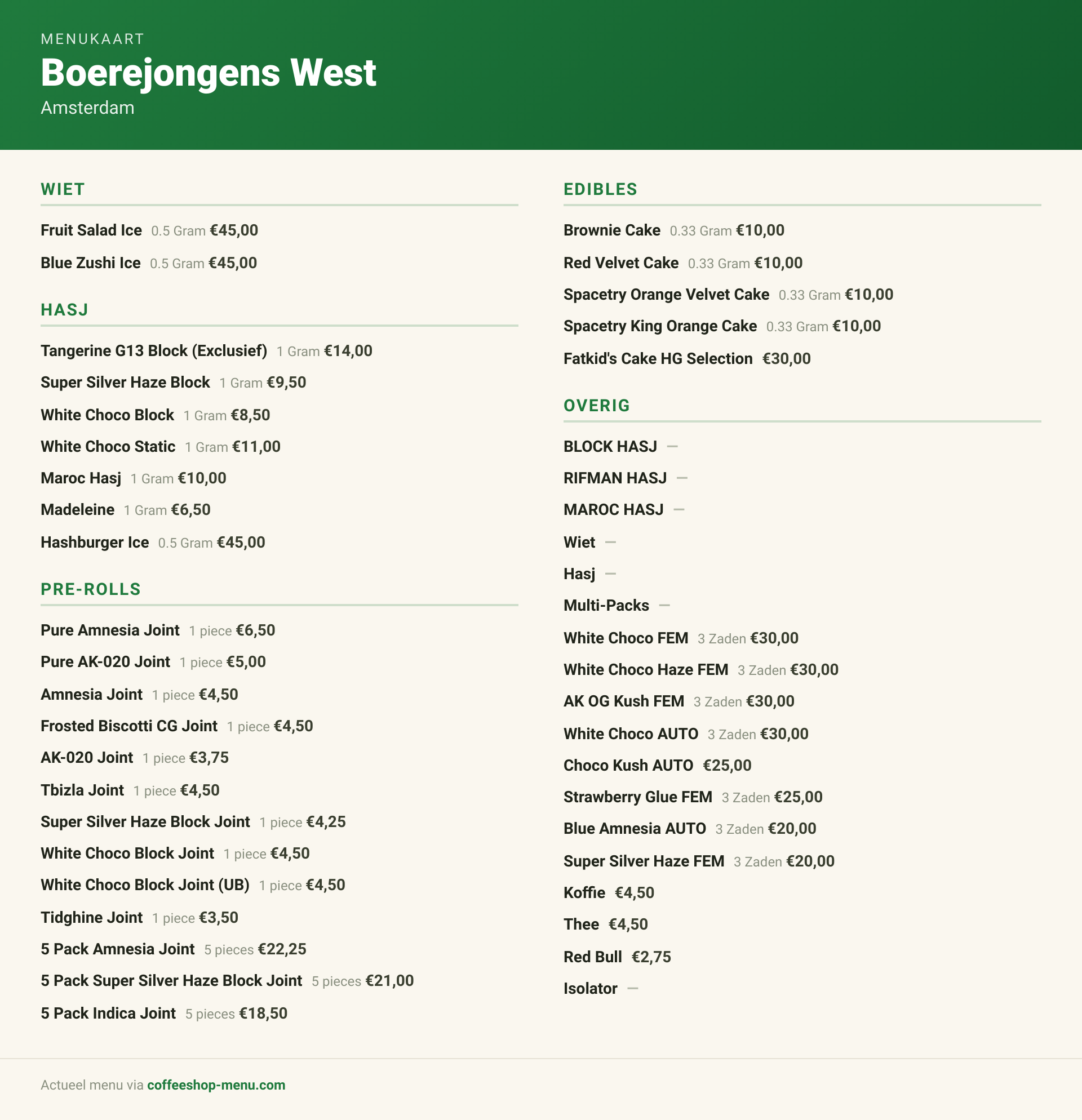 Menu bij Boerejongens West