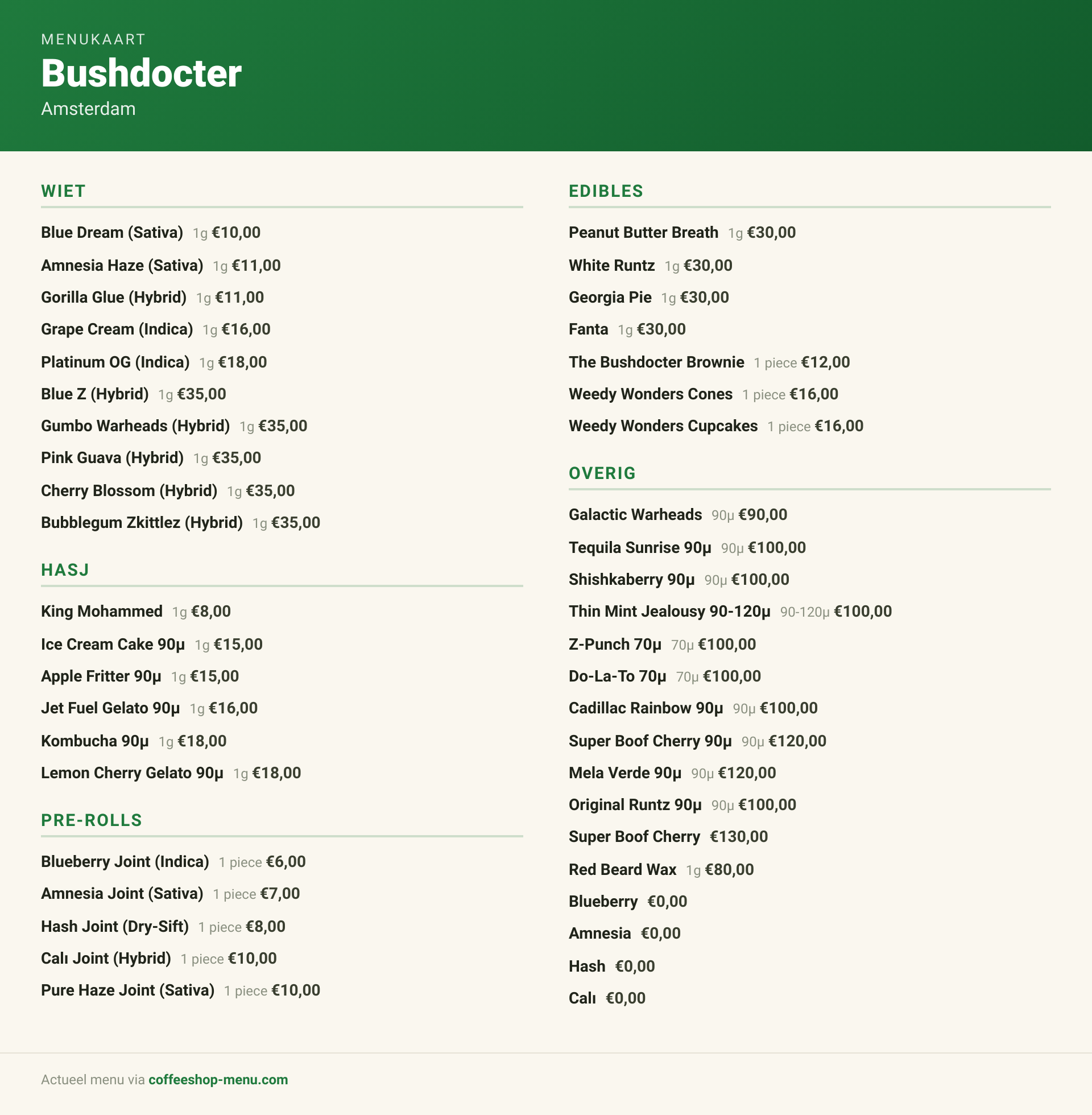 Menu bij Bushdocter