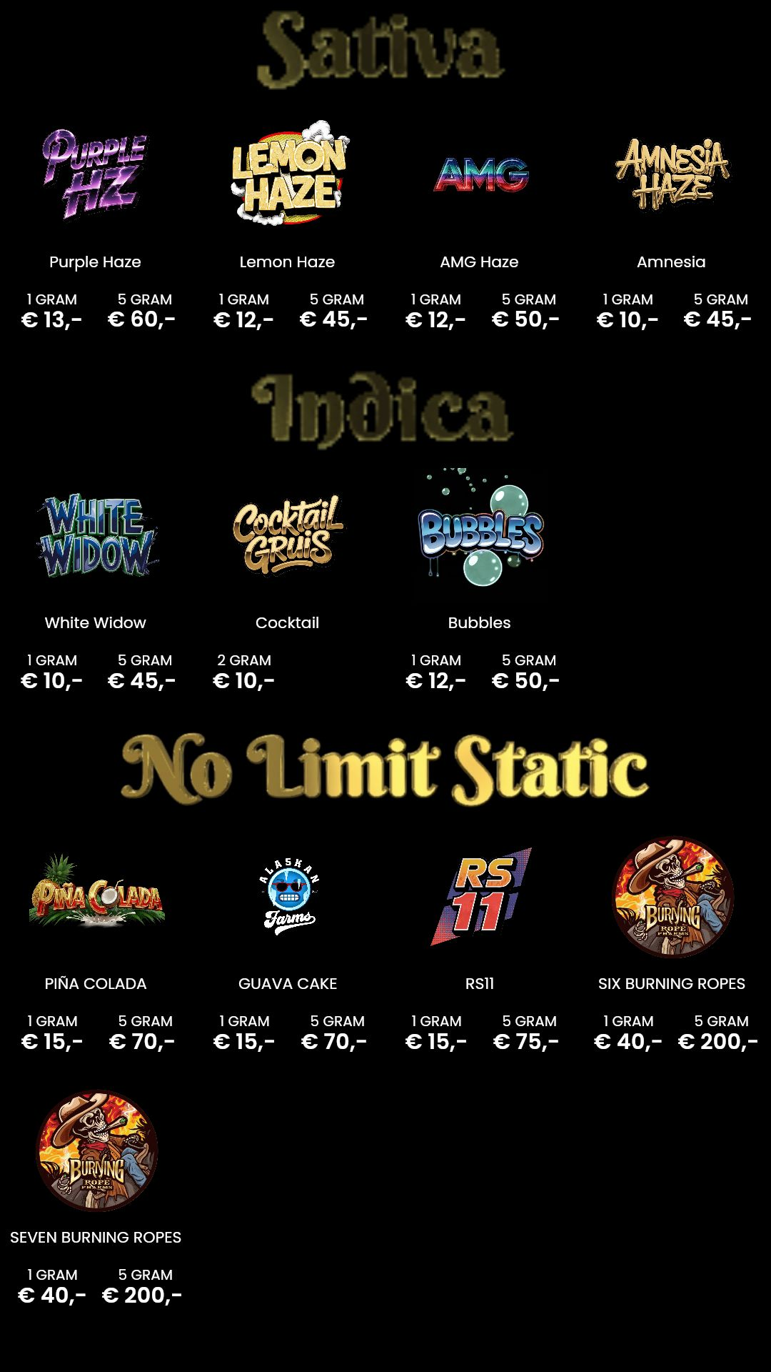 Menu bij No Limit