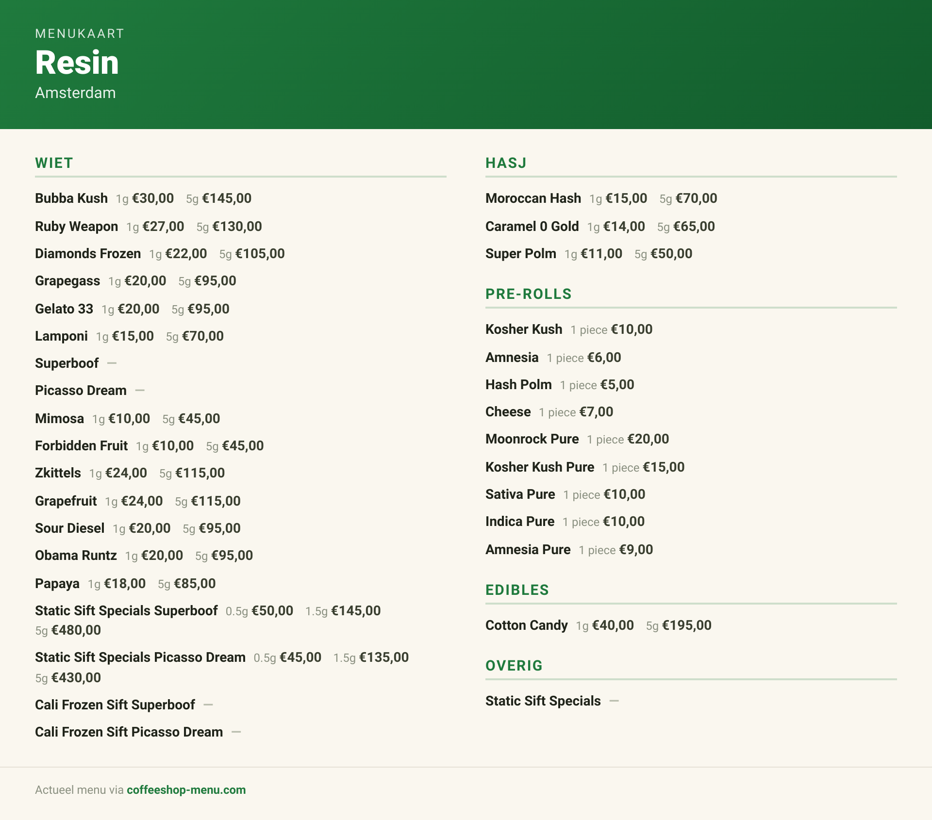 Menu bij Resin