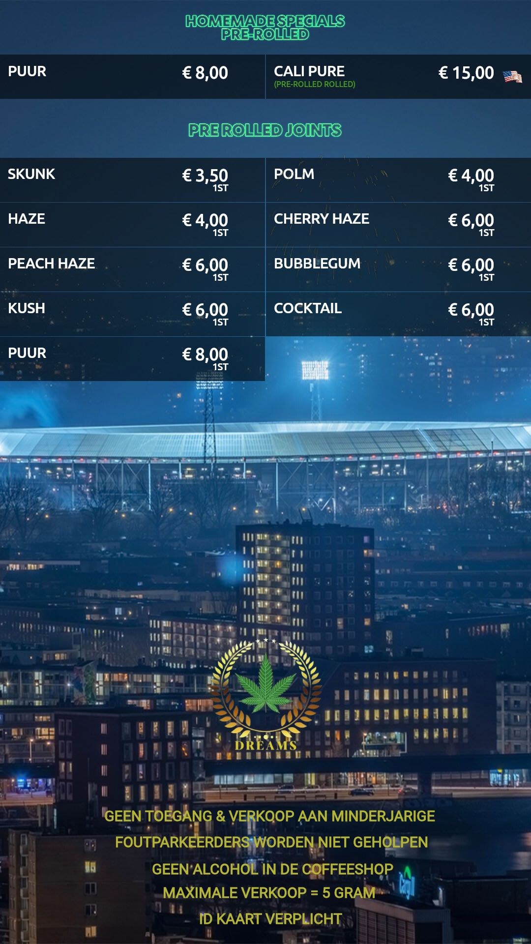 Menu bij Dreams