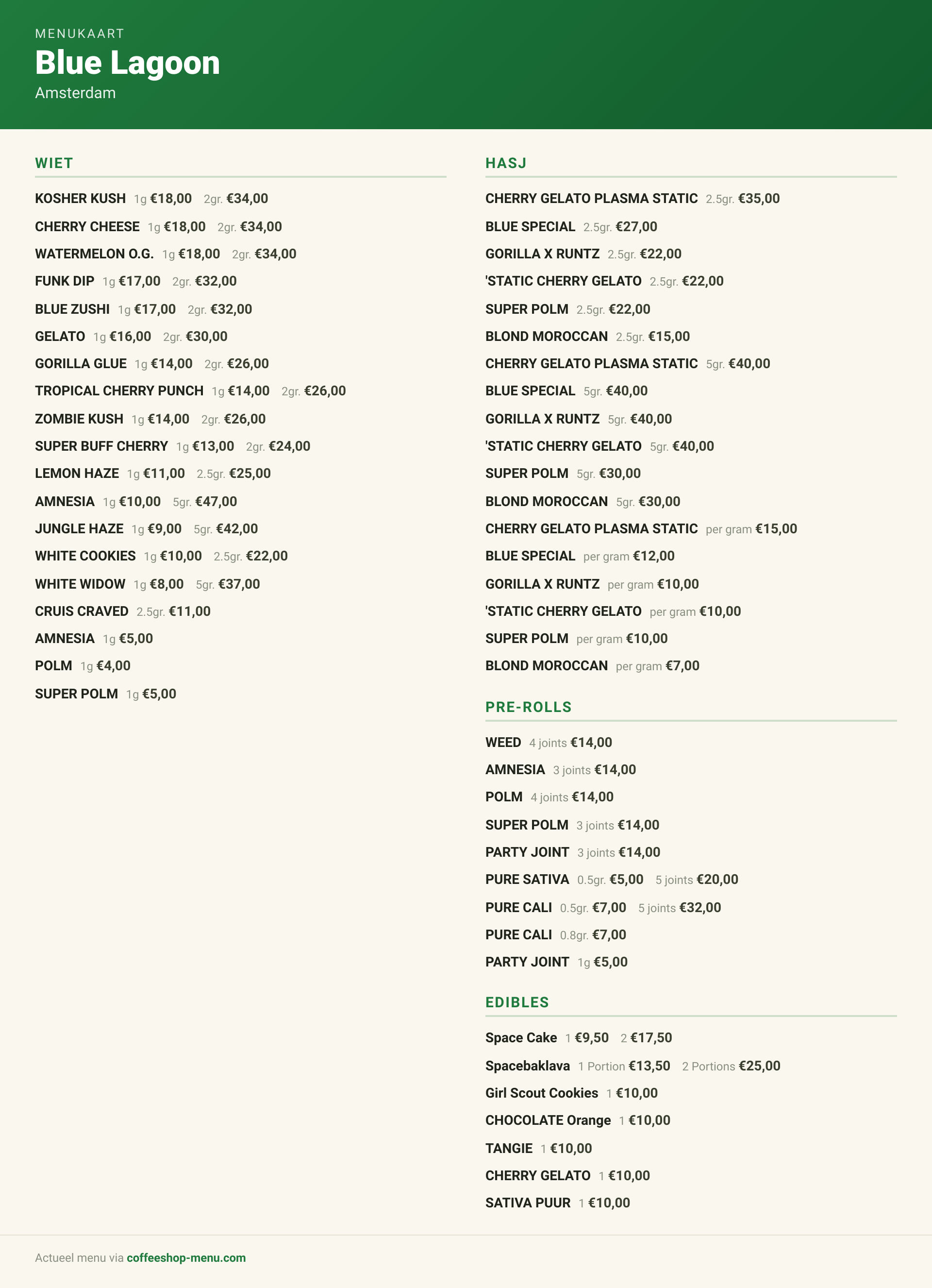 Menu bij Blue Lagoon