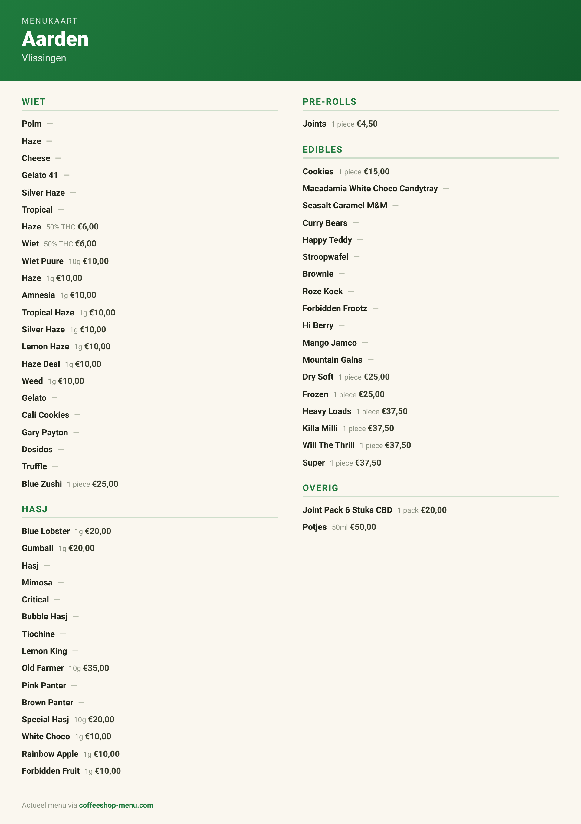 Menu bij Aarden