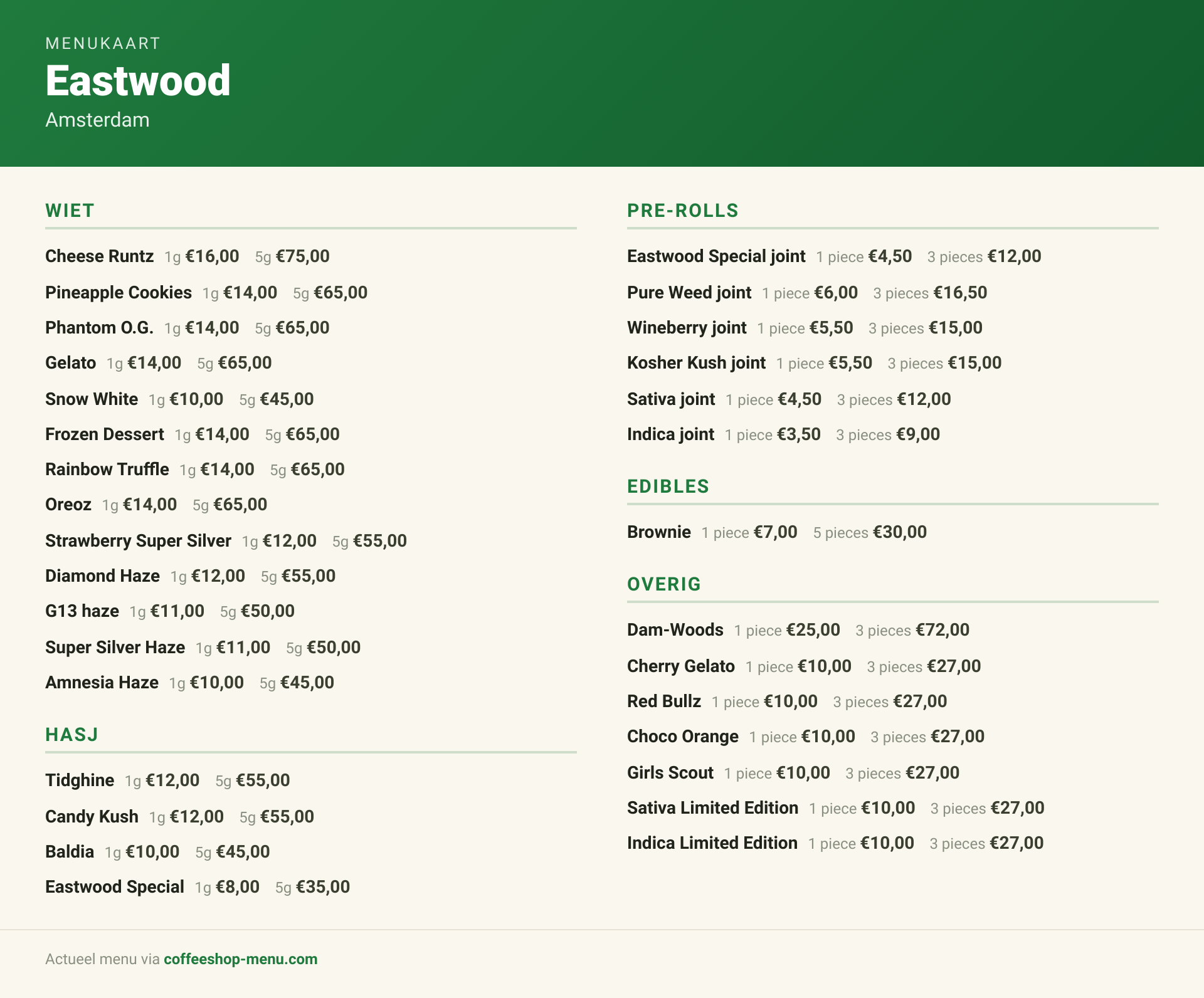 Menu bij Eastwood