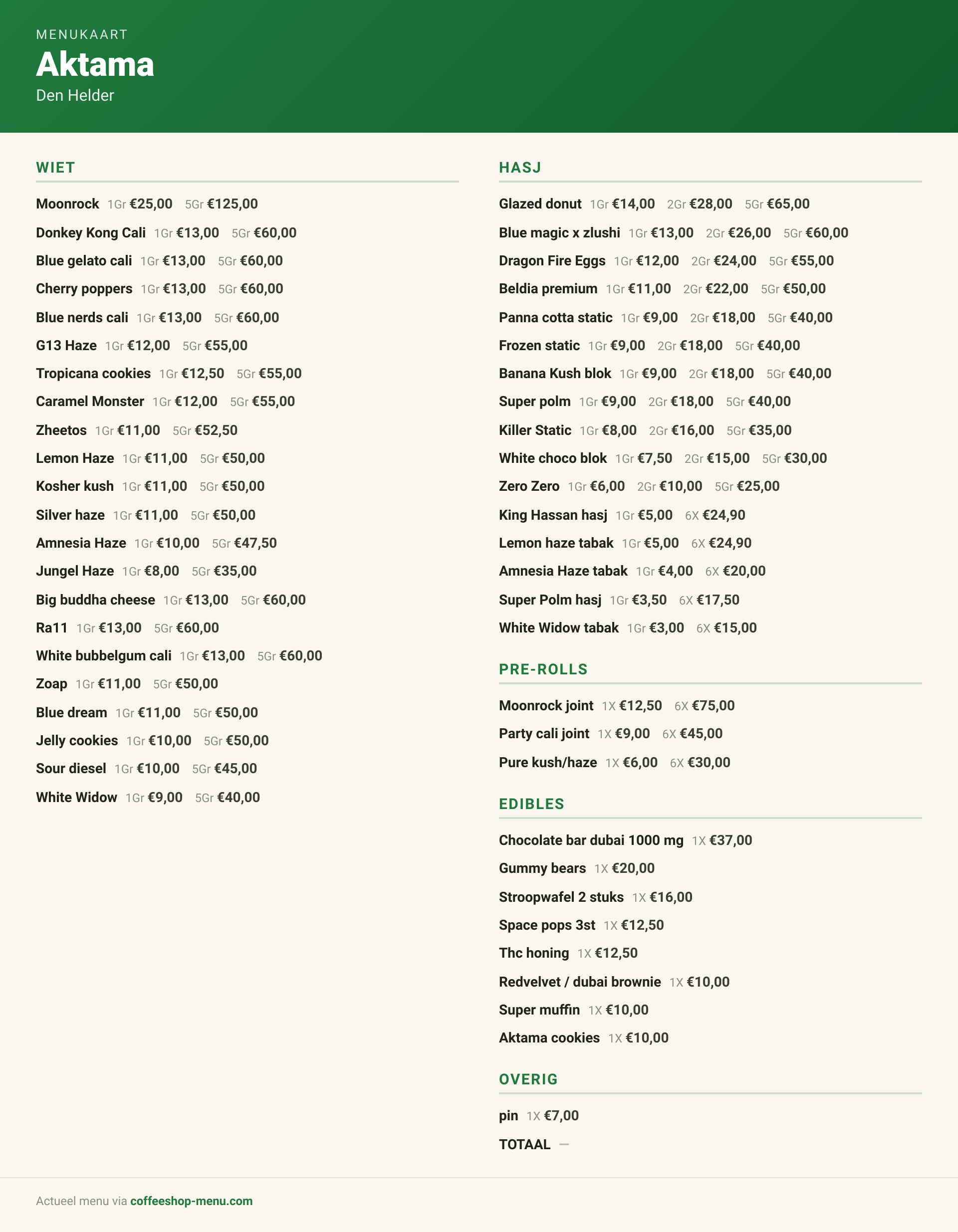 Menu bij Aktama