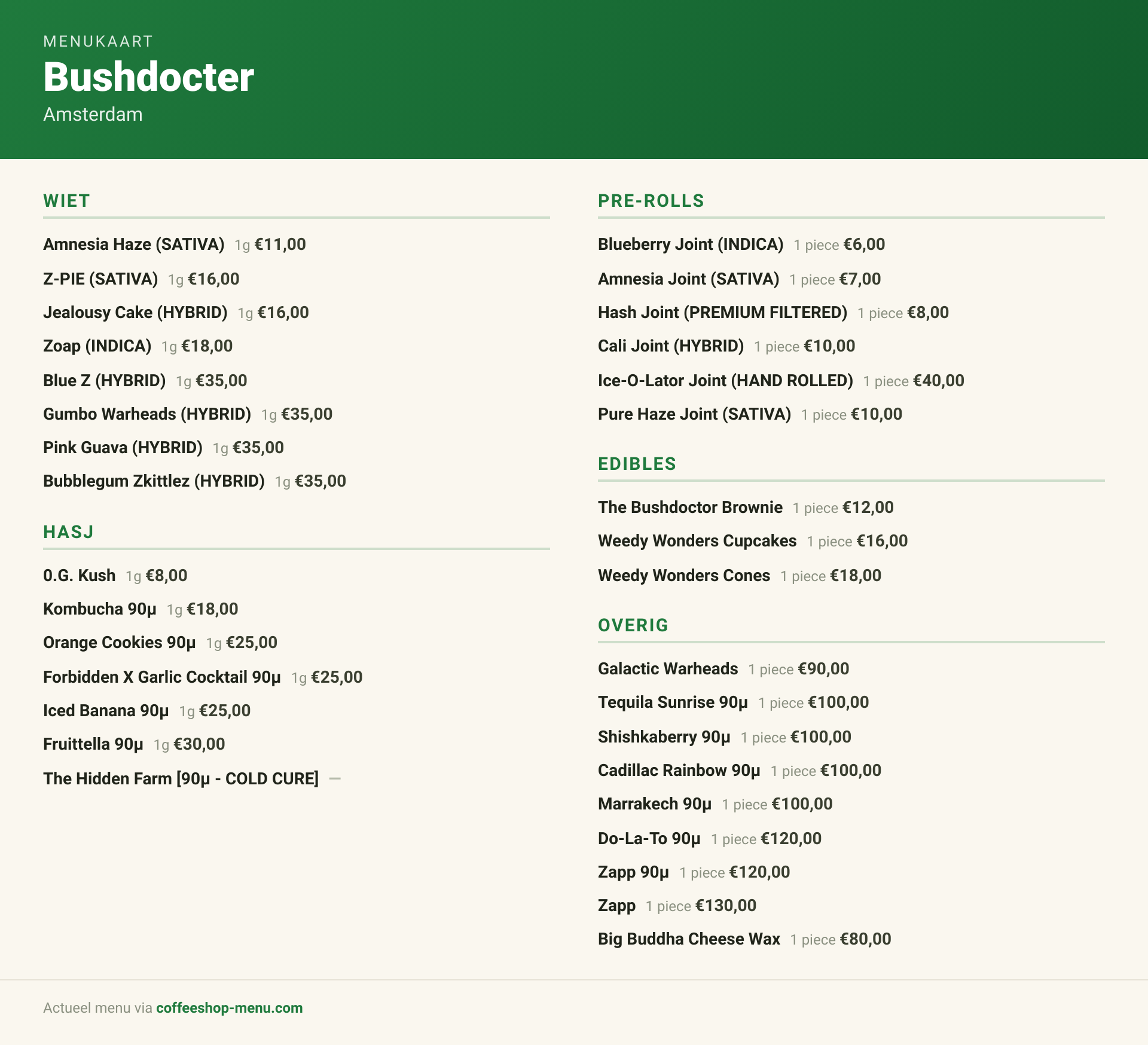 Menu bij Bushdocter