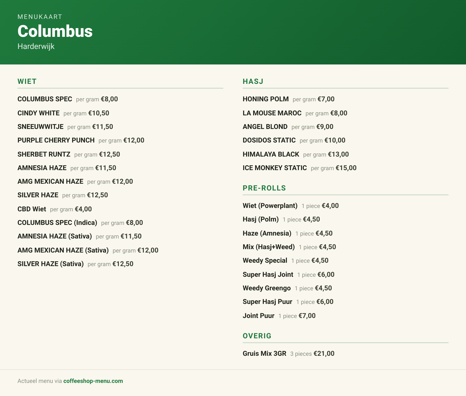 Menu bij Columbus