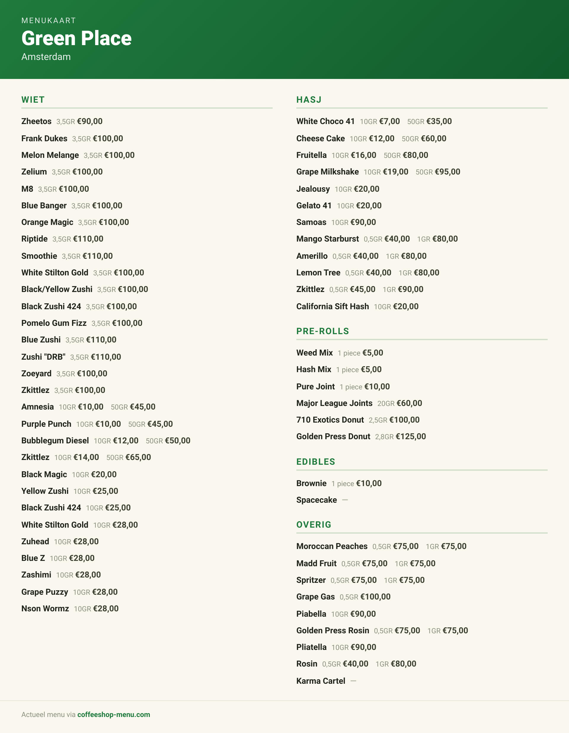 Menu bij Green Place