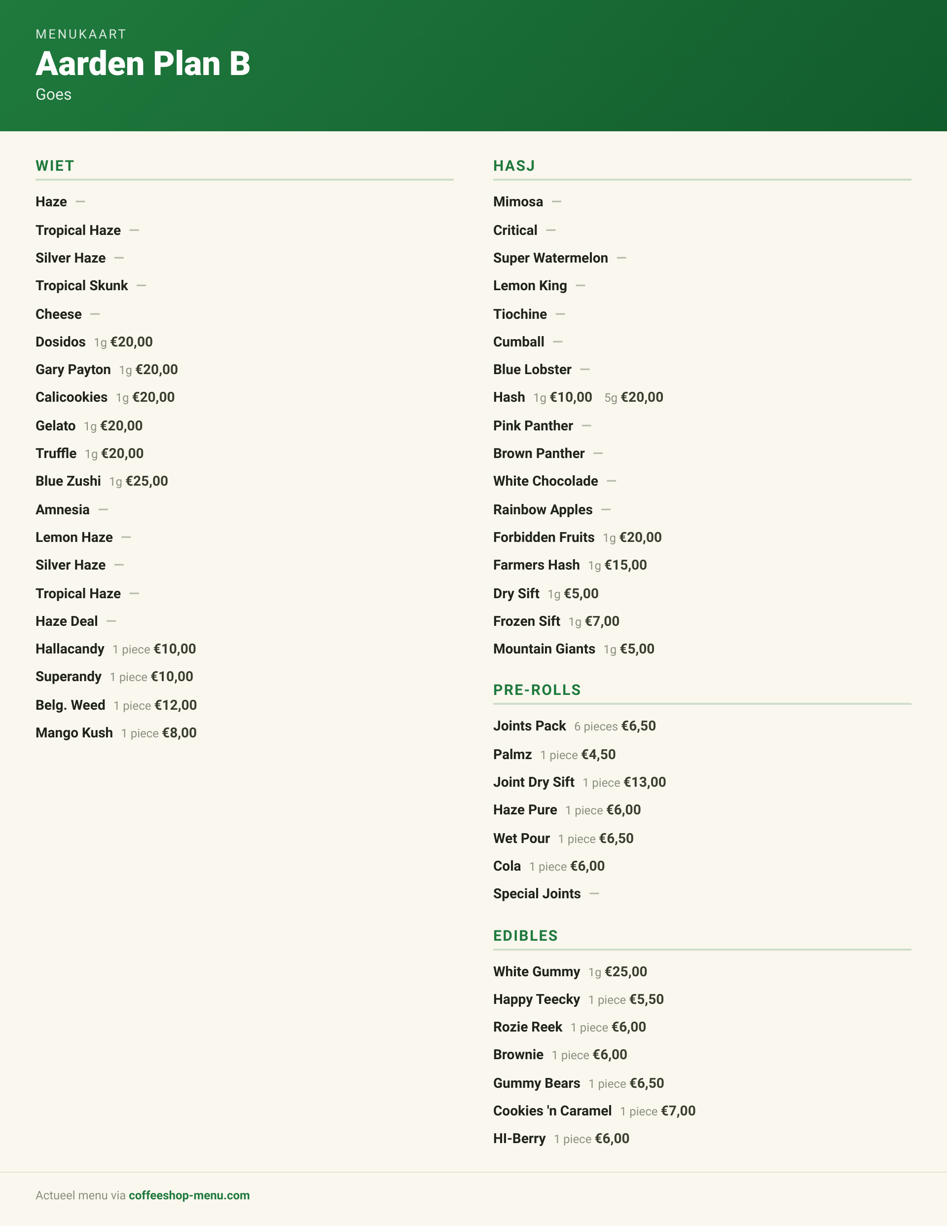 Menu bij Aarden Plan B