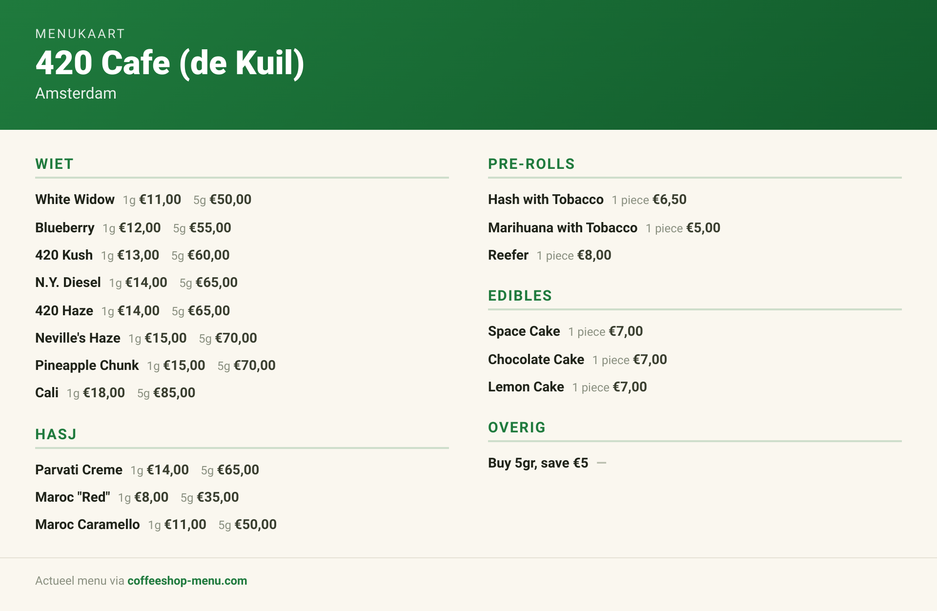 Menu bij 420 Cafe (de Kuil)