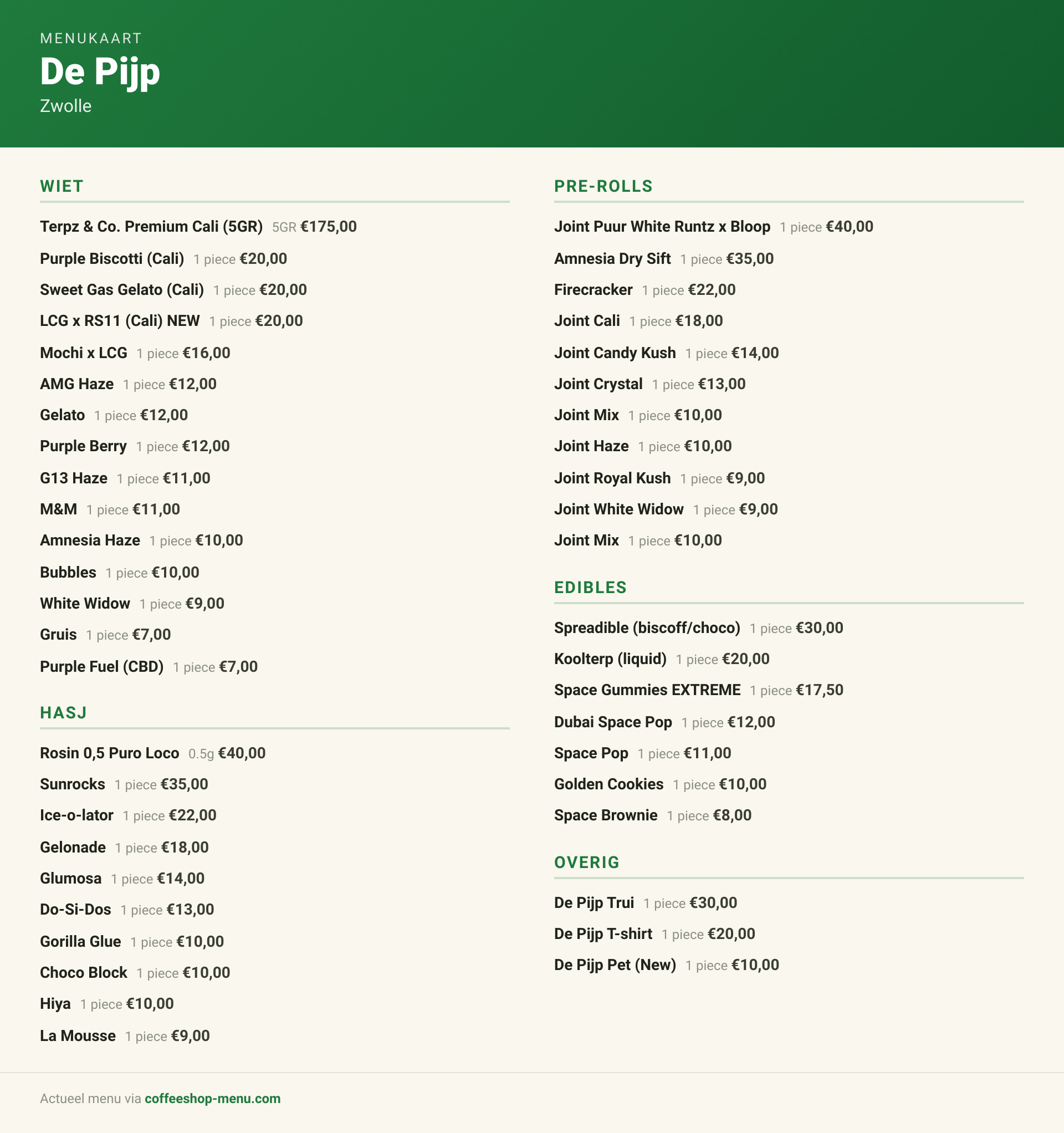 Menukaart van De Pijp