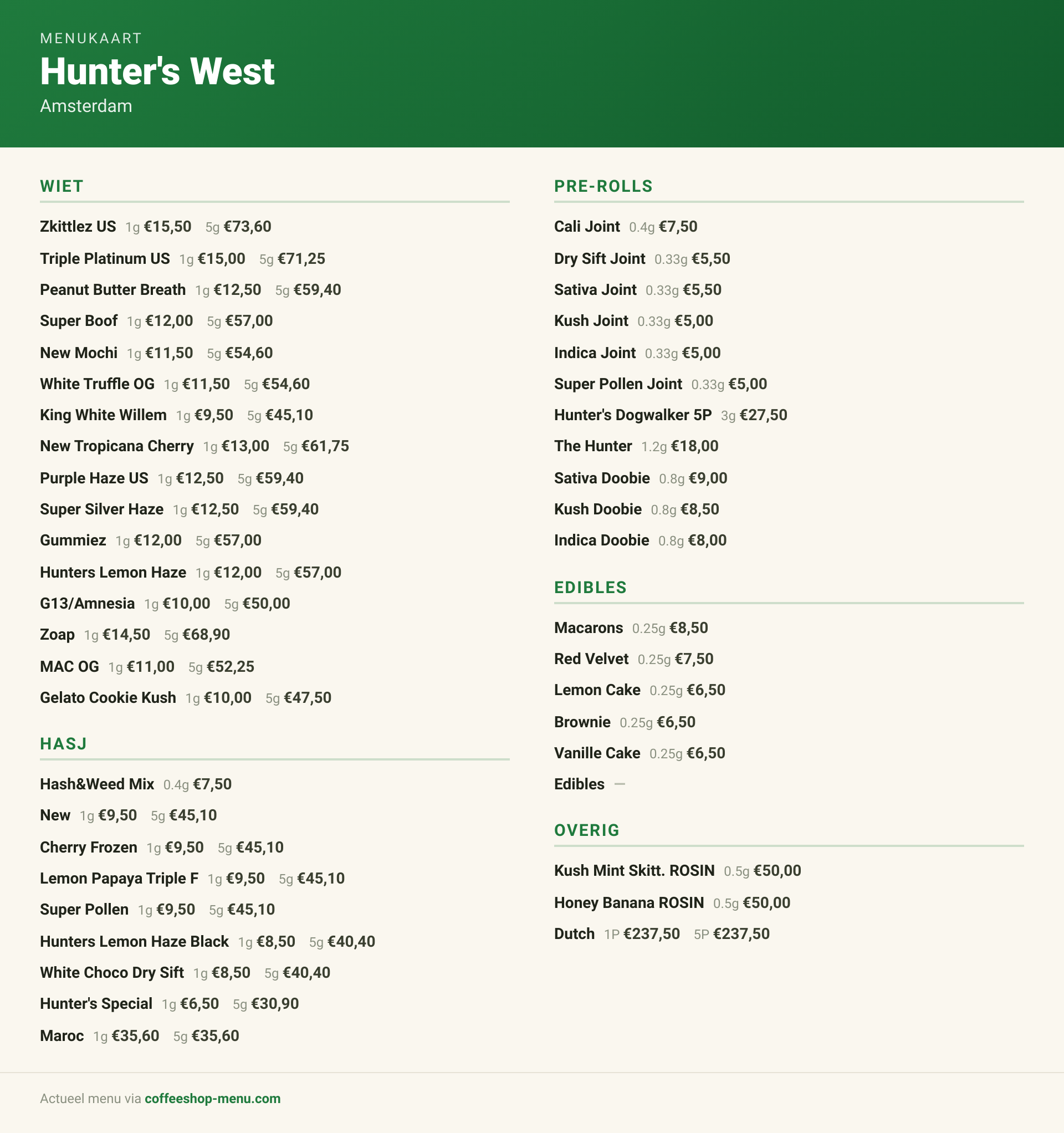Menu bij Hunter's West