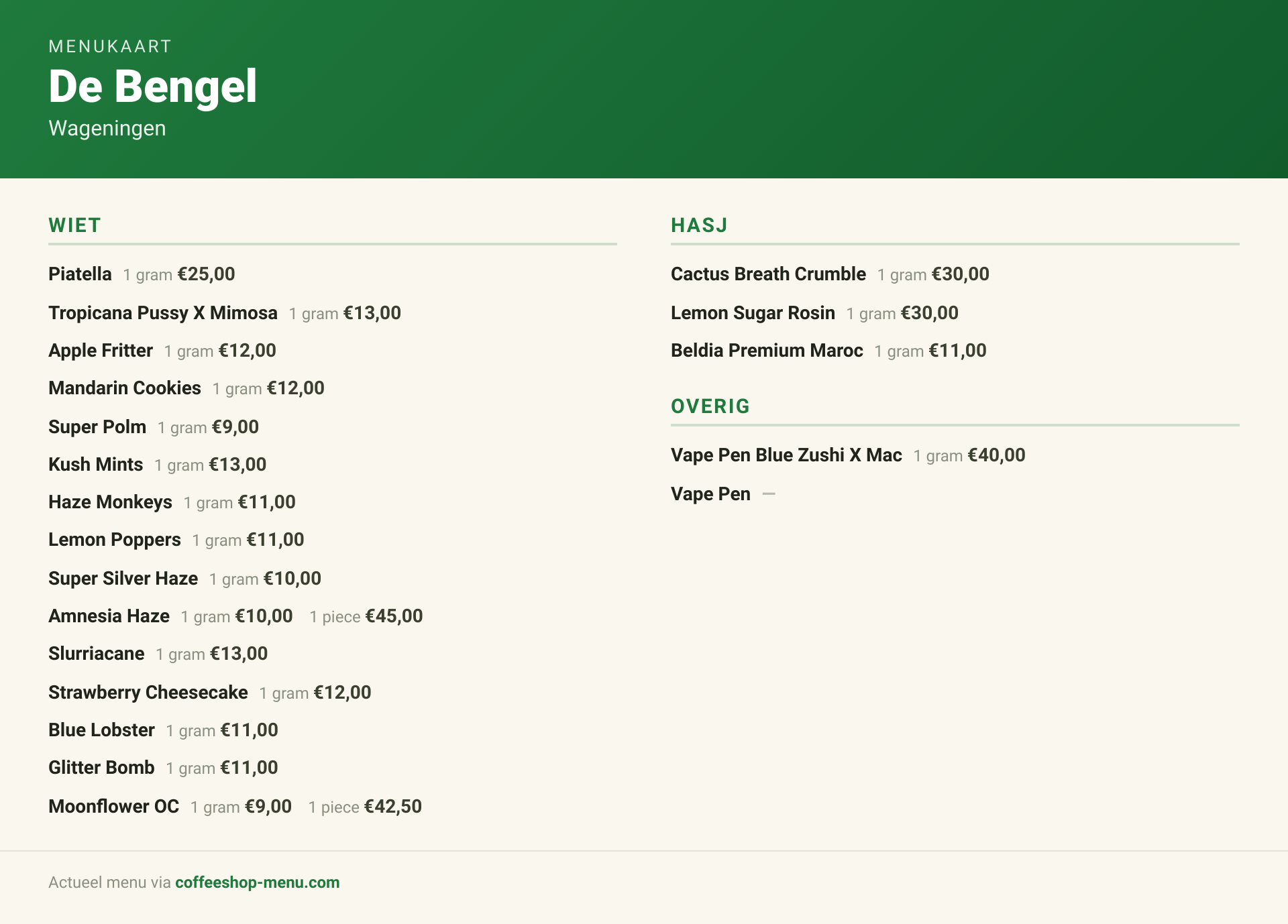 Menu bij De Bengel