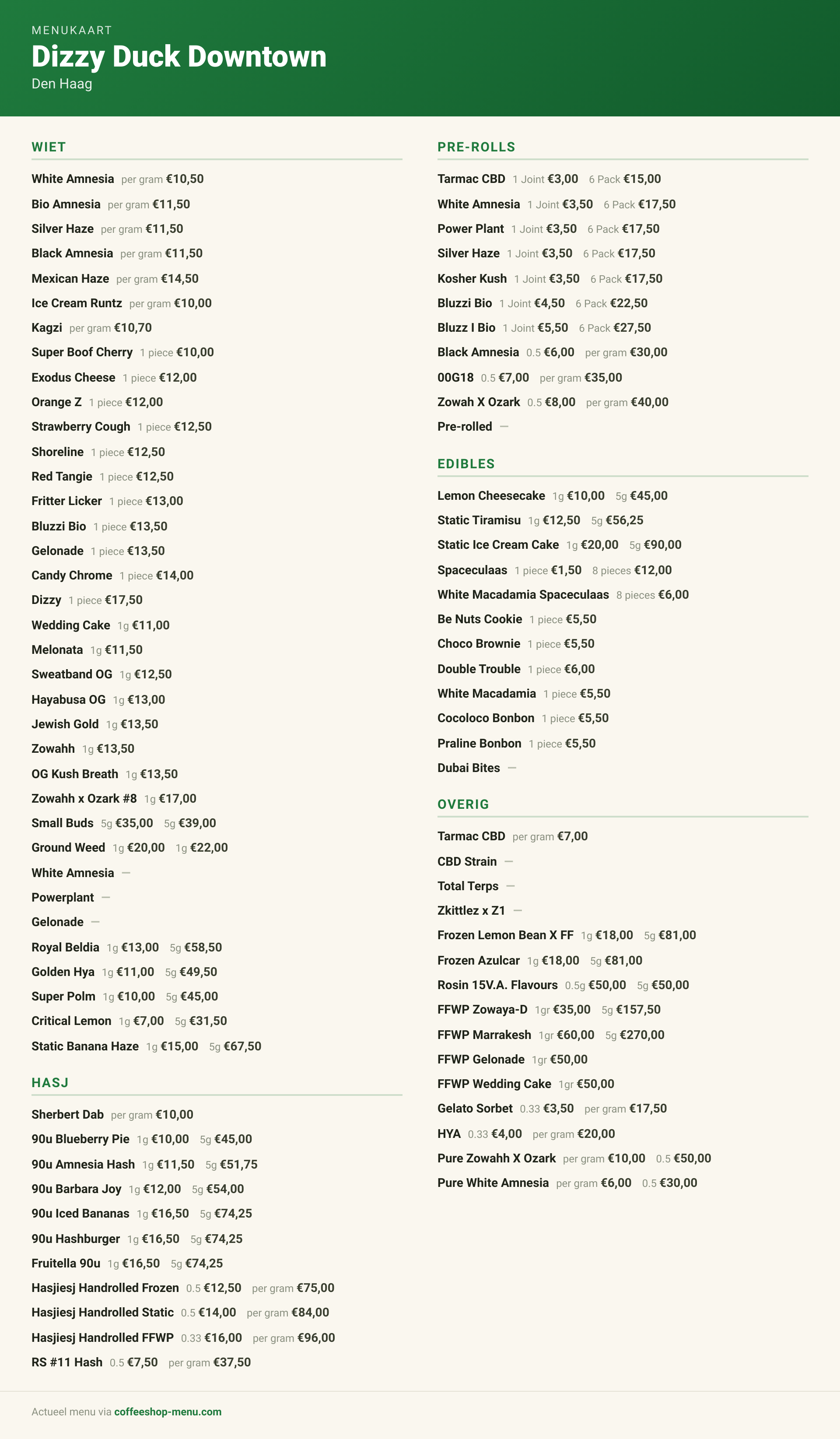 Menu bij Dizzy Duck Downtown
