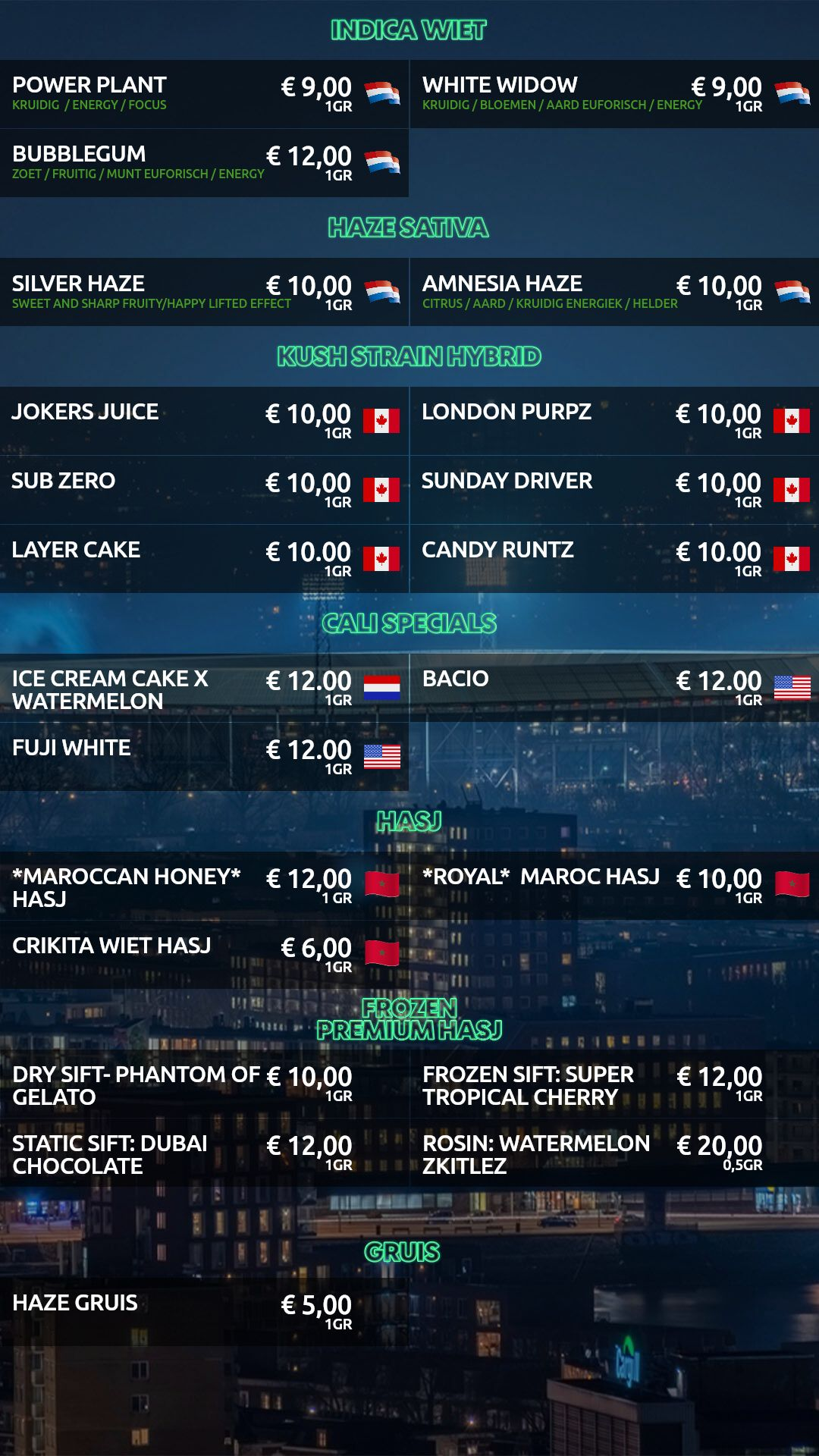 Menu bij Dreams
