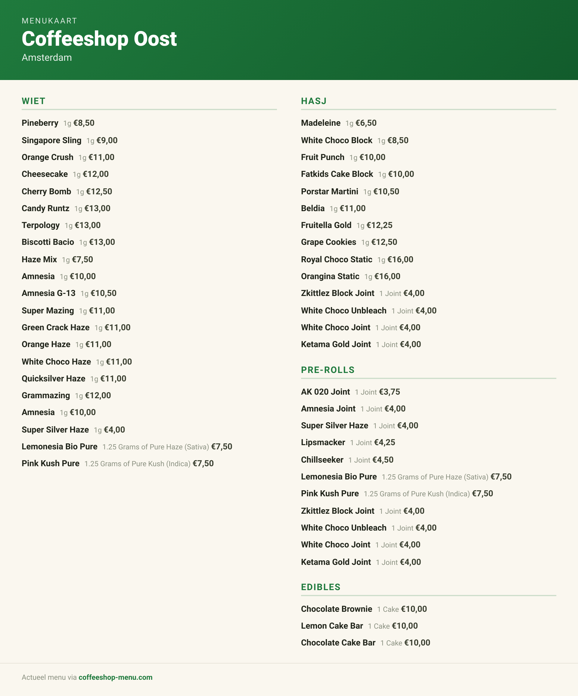 Menu bij Coffeeshop Oost