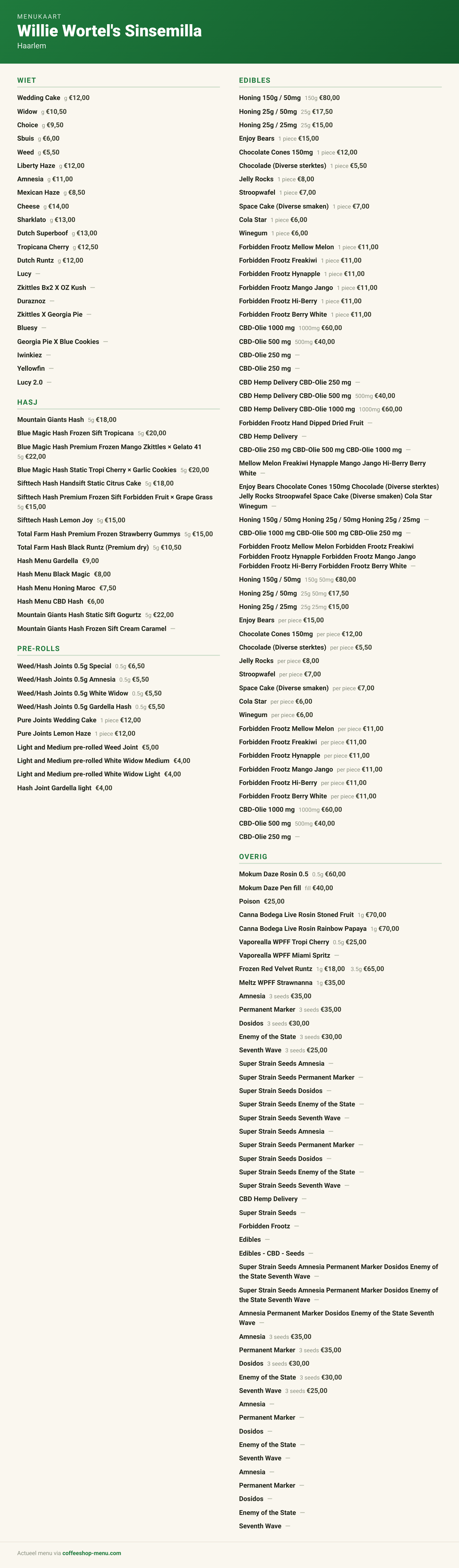 Menu bij Willie Wortel's Sinsemilla