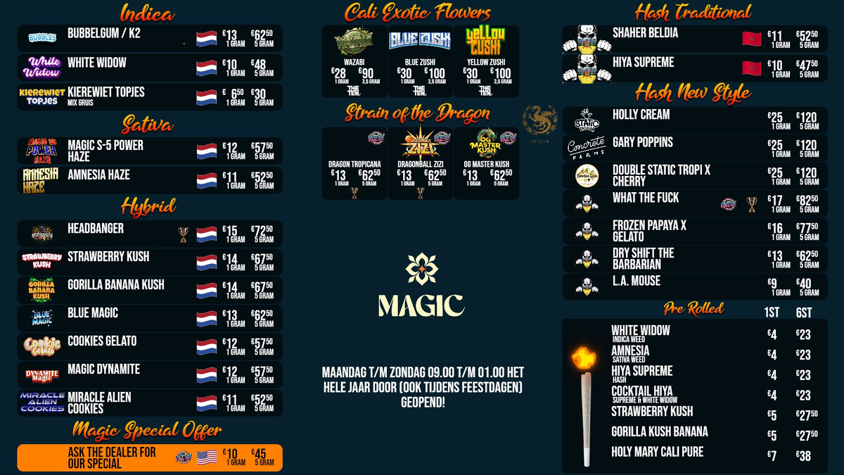 Menu bij Magic Den Haag