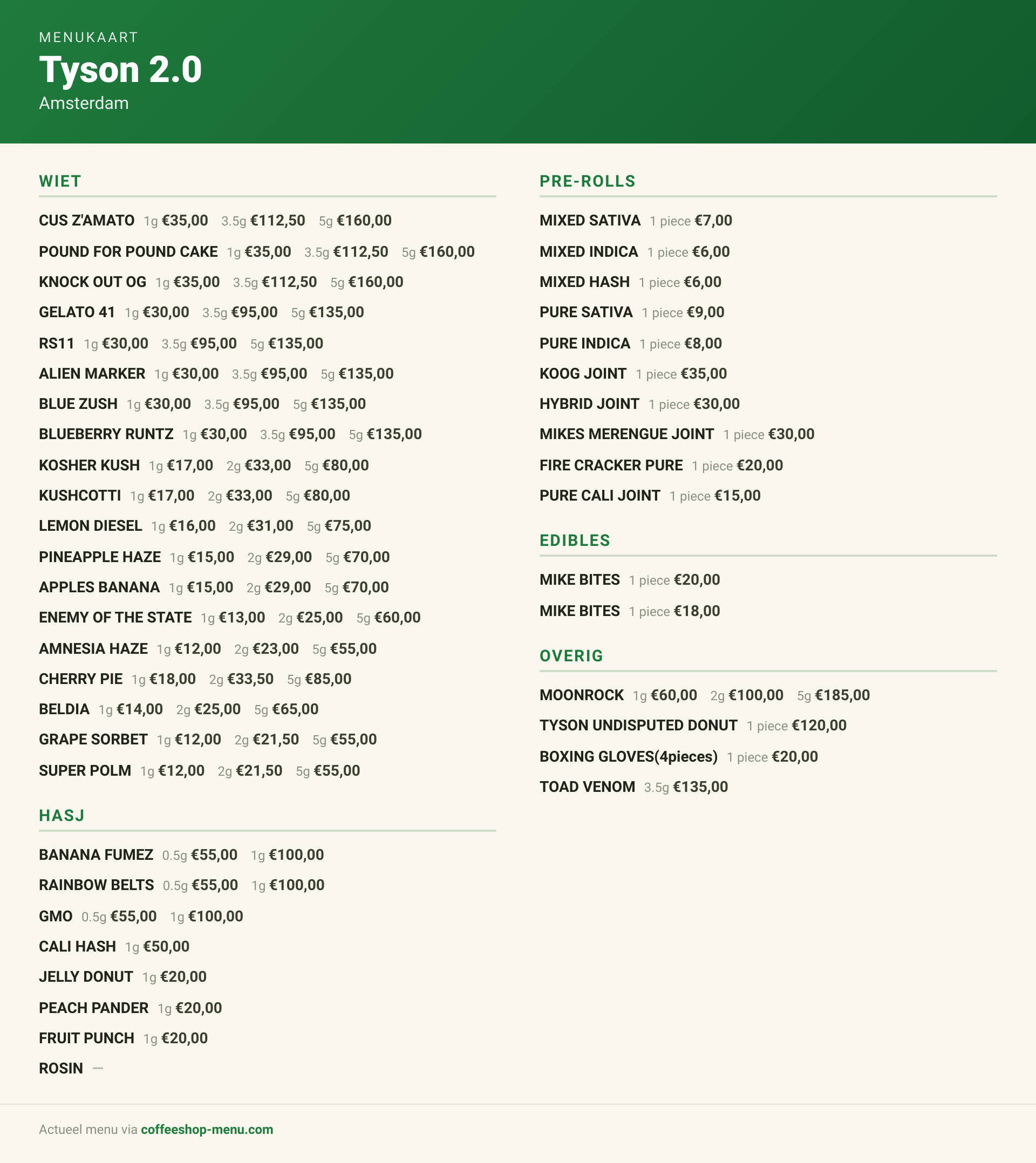 Menu bij Tyson 2.0