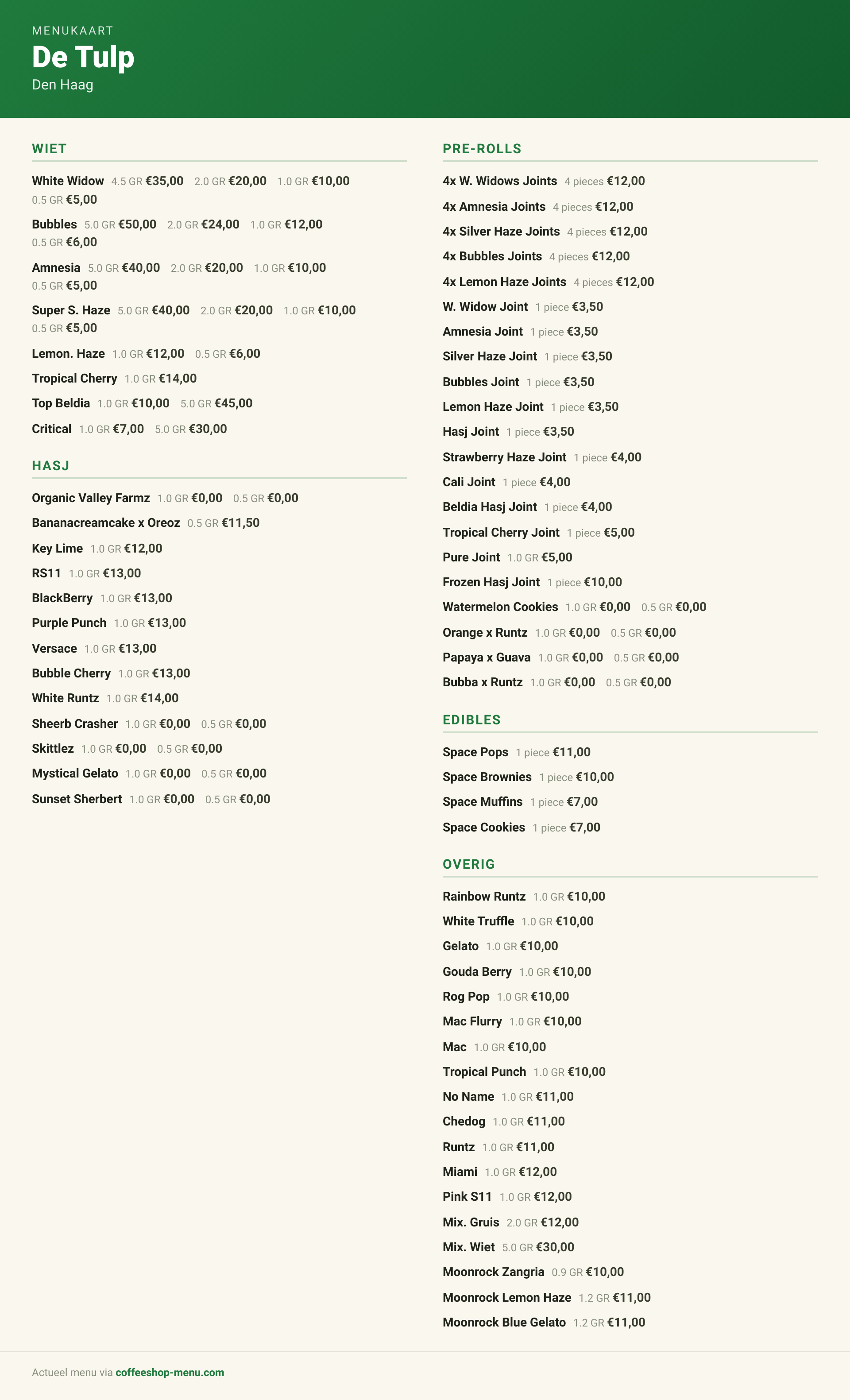 Menu bij De Tulp