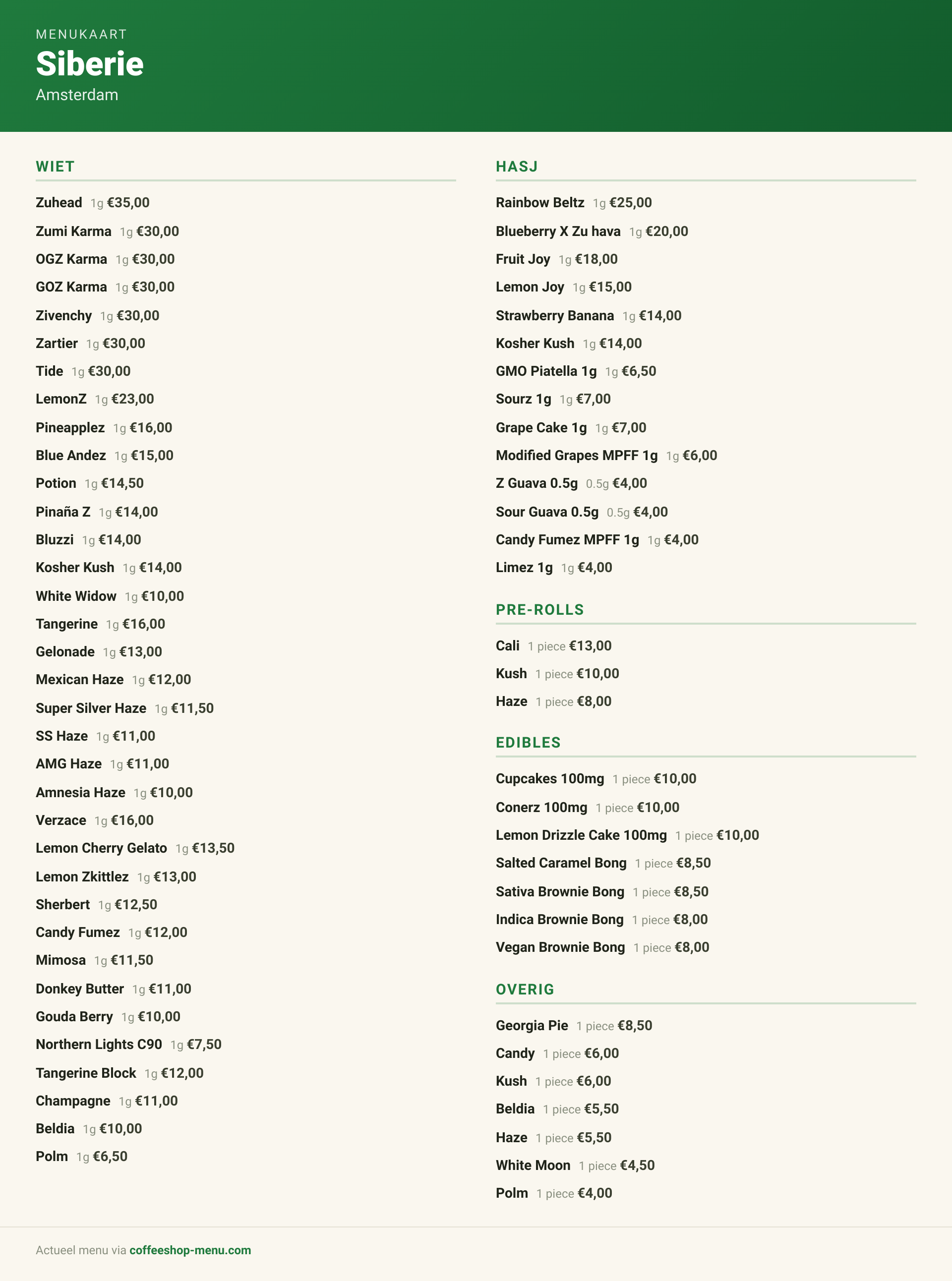 Menu bij Siberie