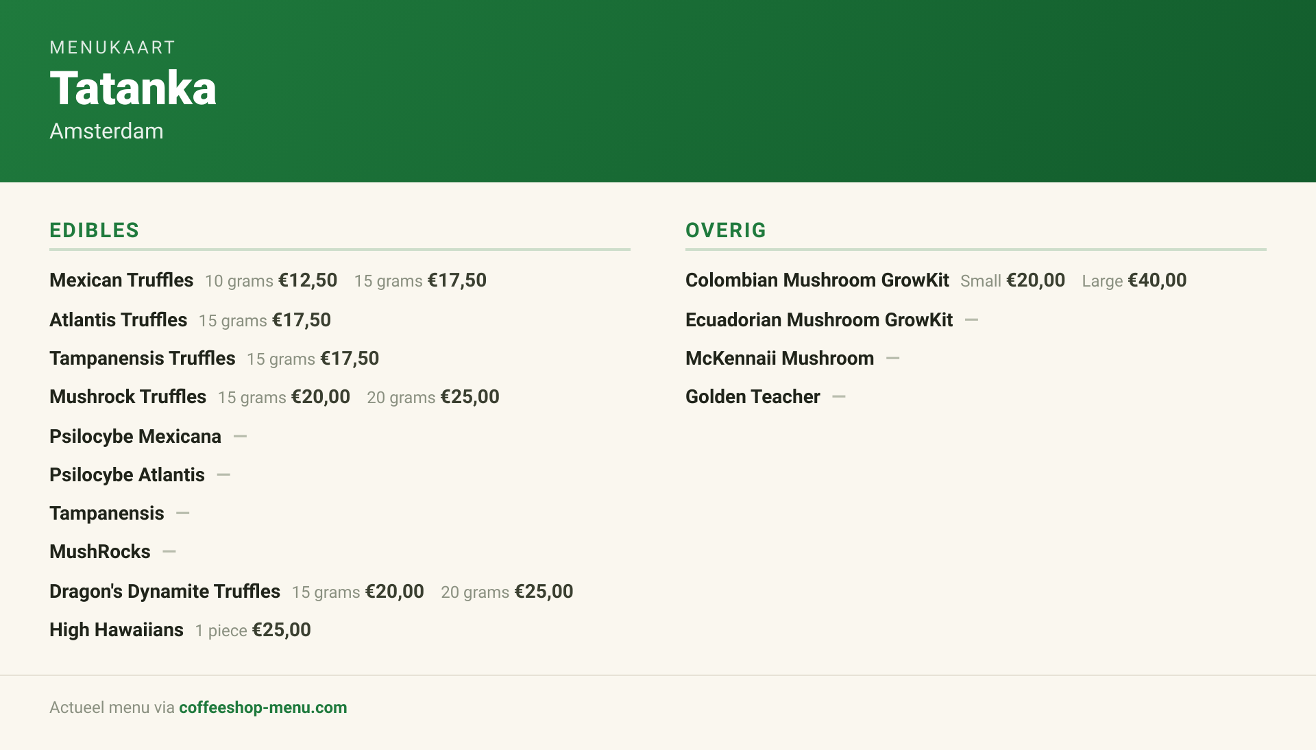 Menu bij Tatanka