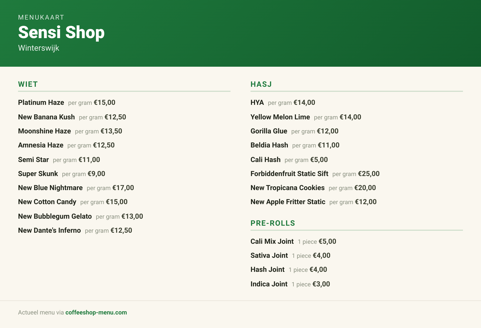 Menu bij Sensi Shop