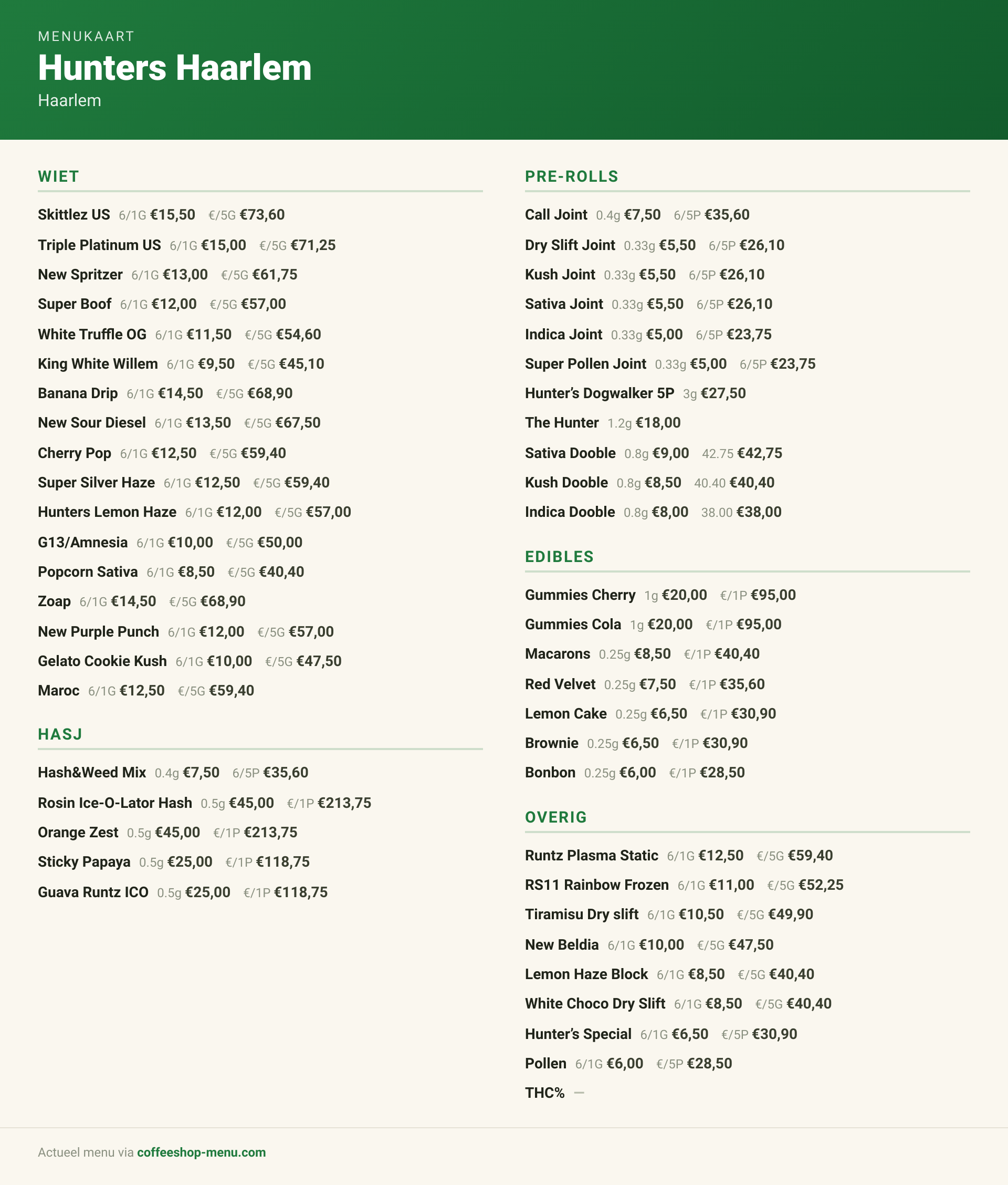 Menu bij Hunters Haarlem