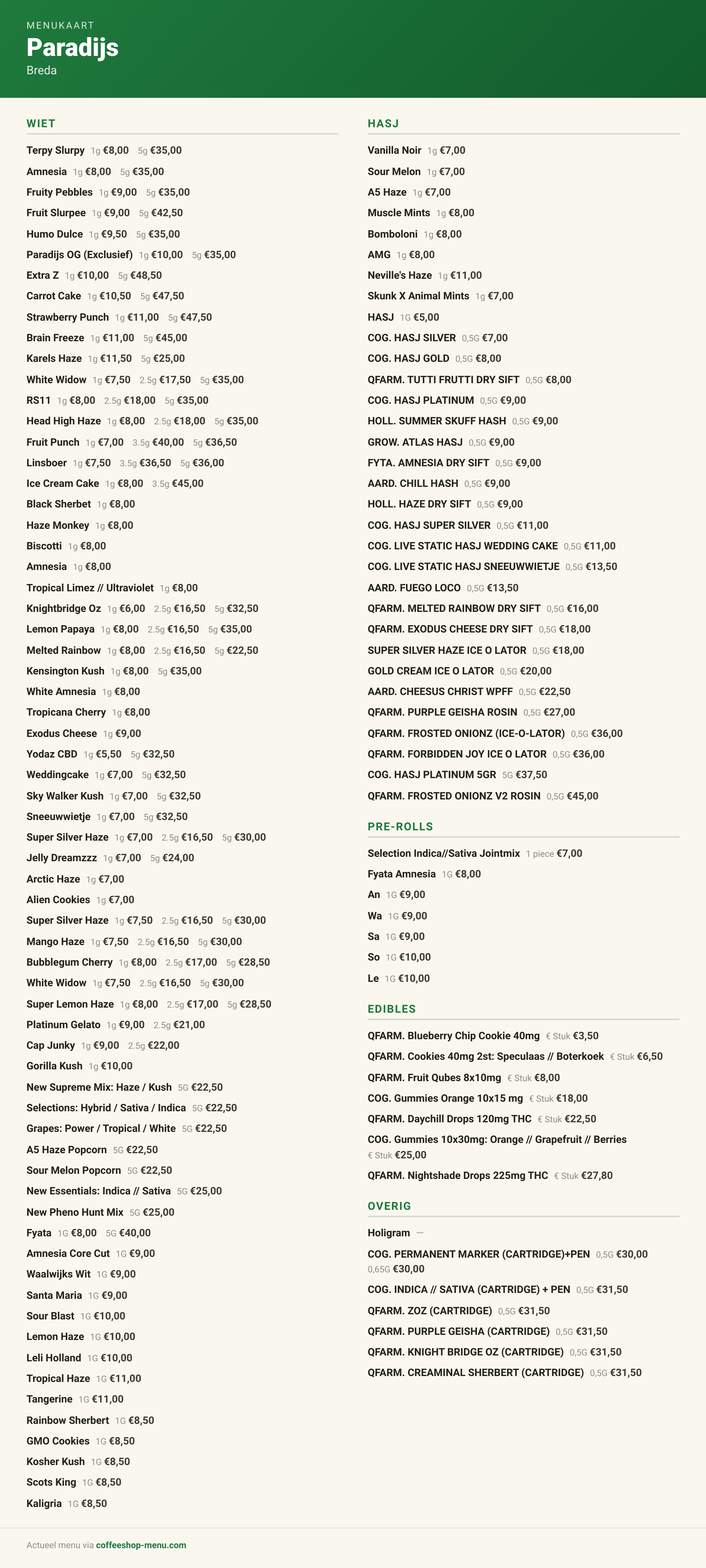 Menu bij Paradijs