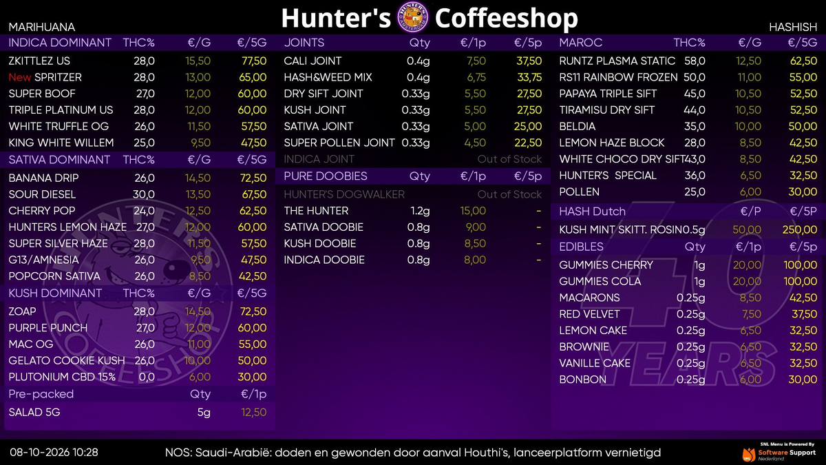 Menu bij Hunter's Rotterdam