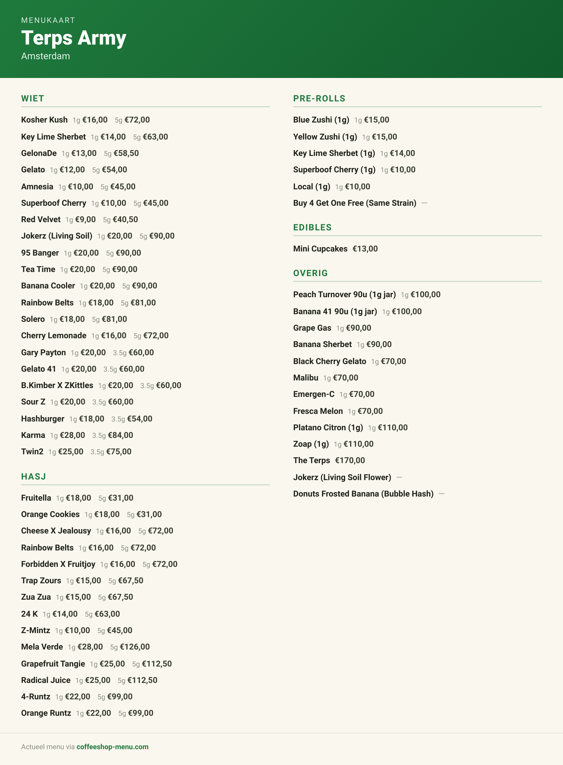 Menu bij Terps Army