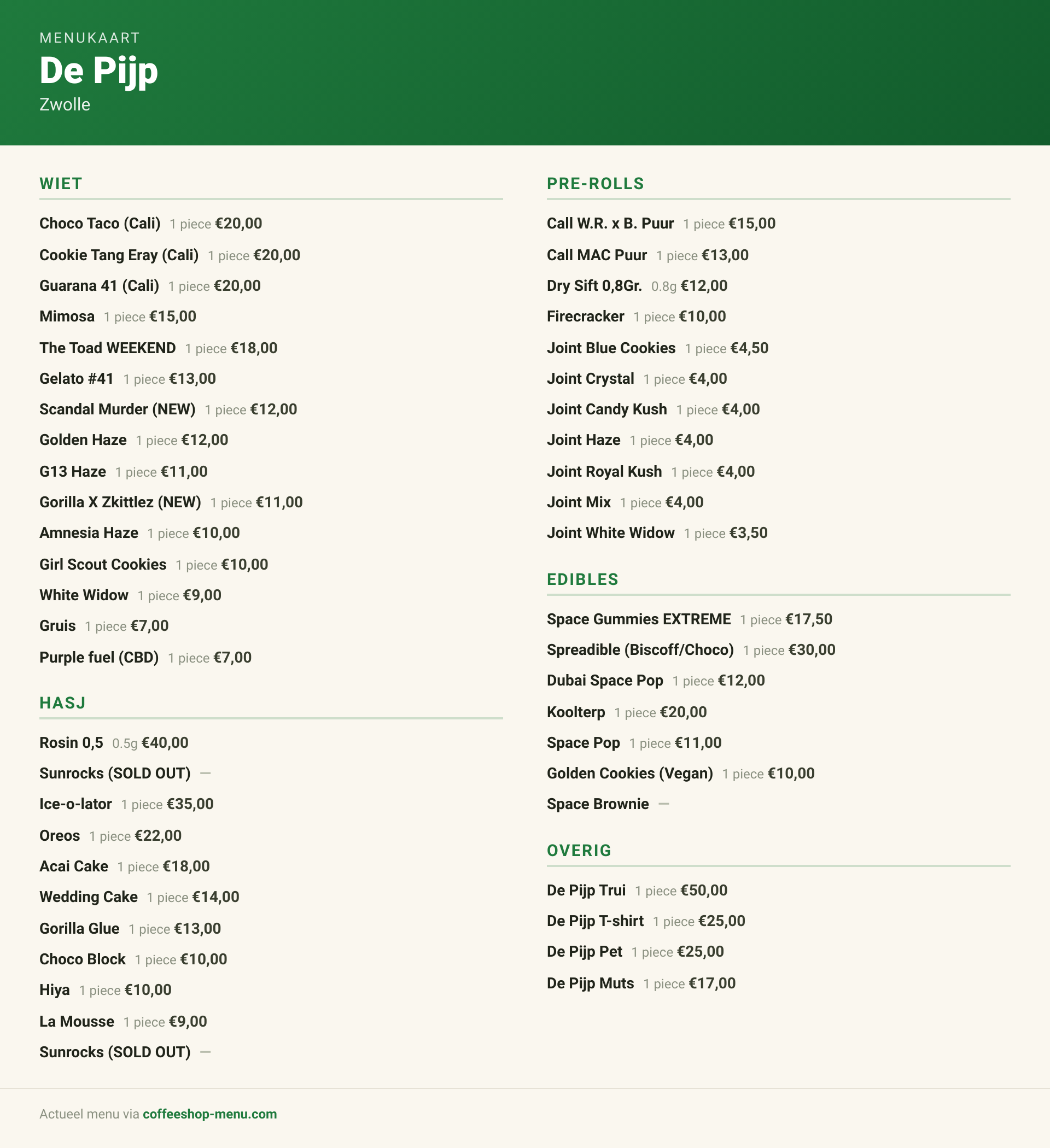 Menu bij De Pijp