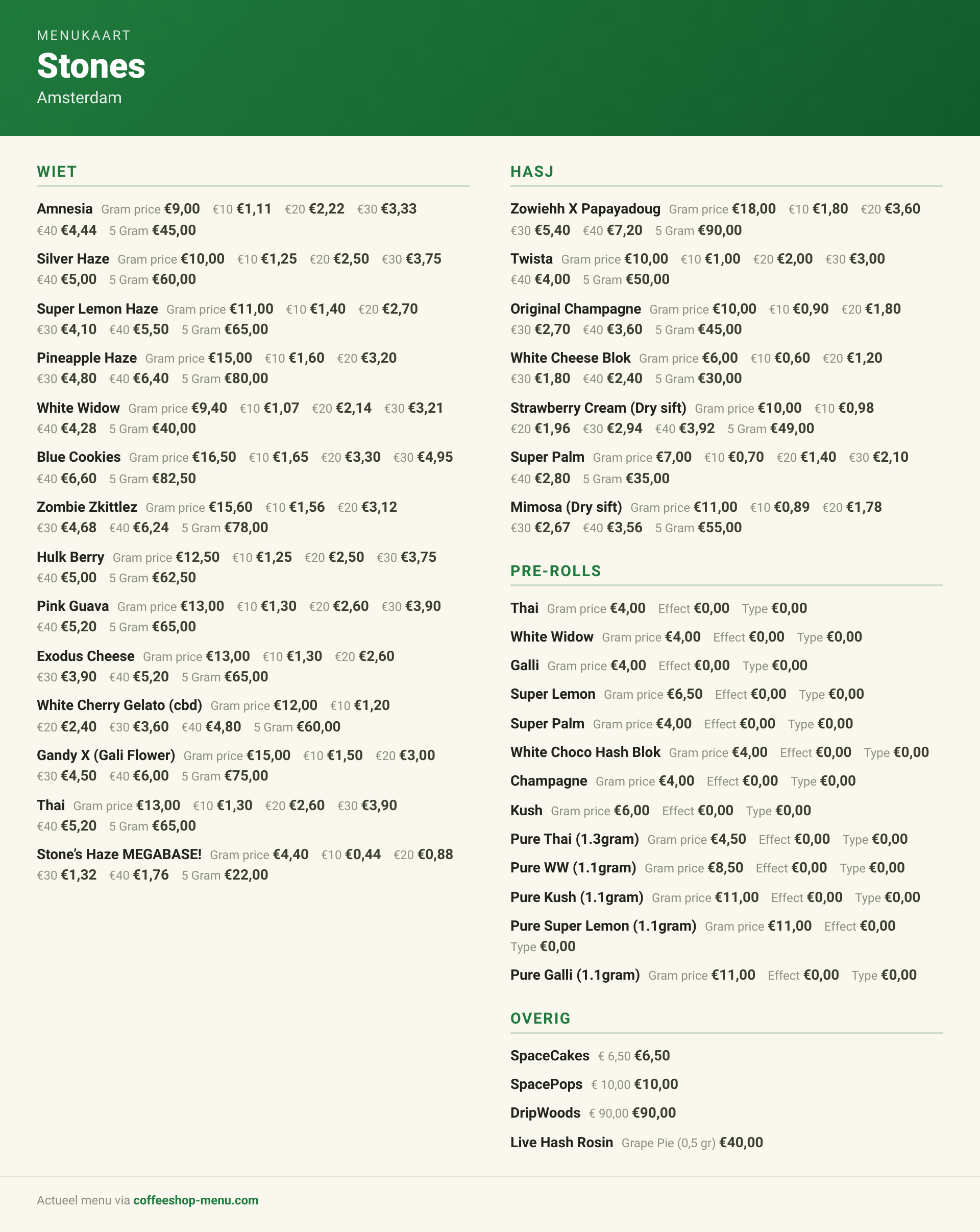 Menu bij Stones