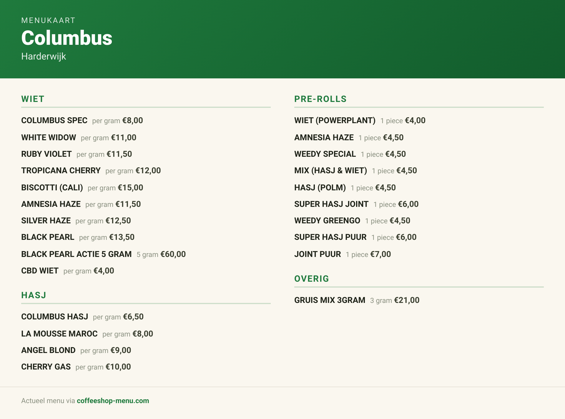Menu bij Columbus