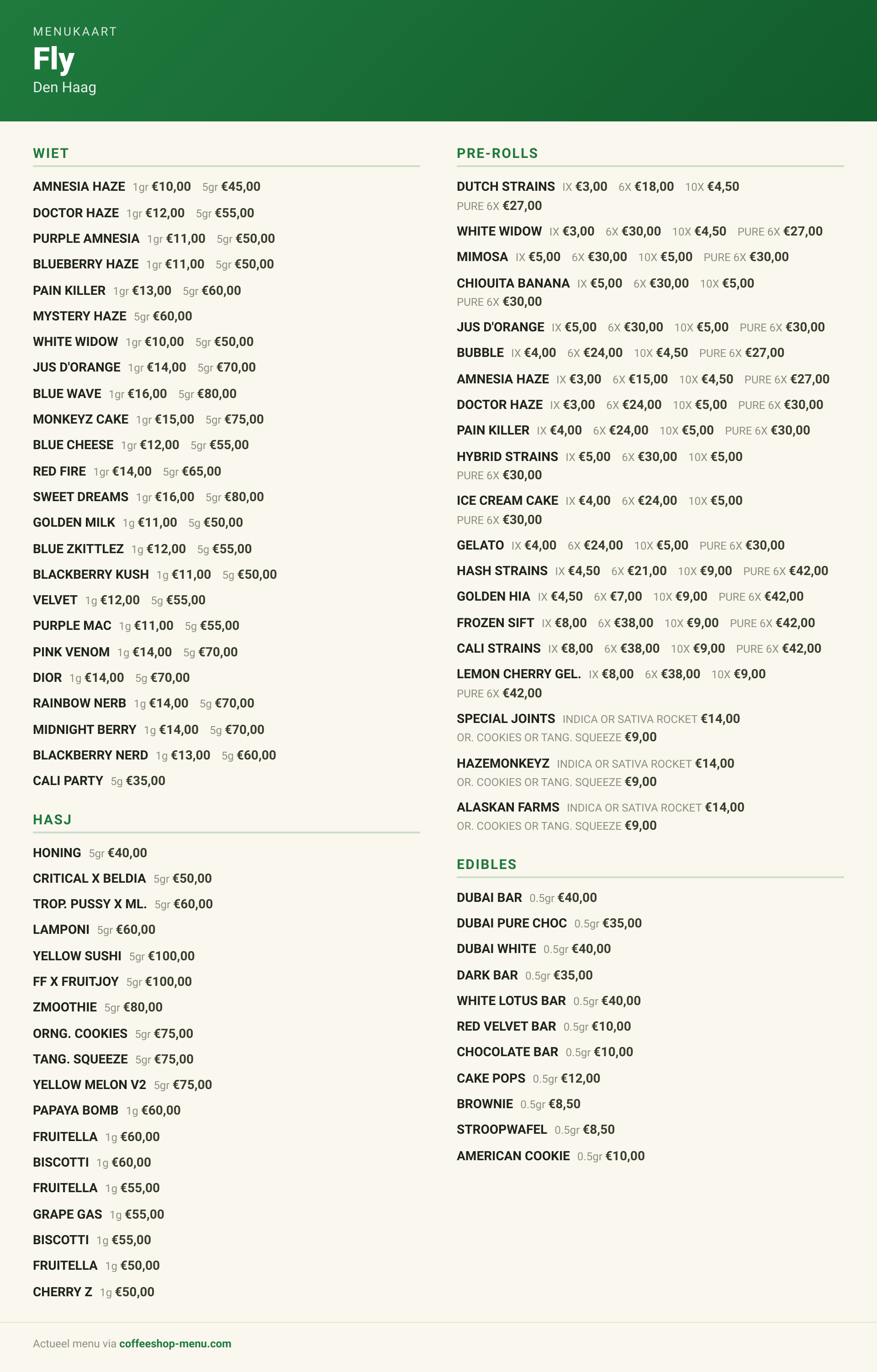 Menu bij Fly